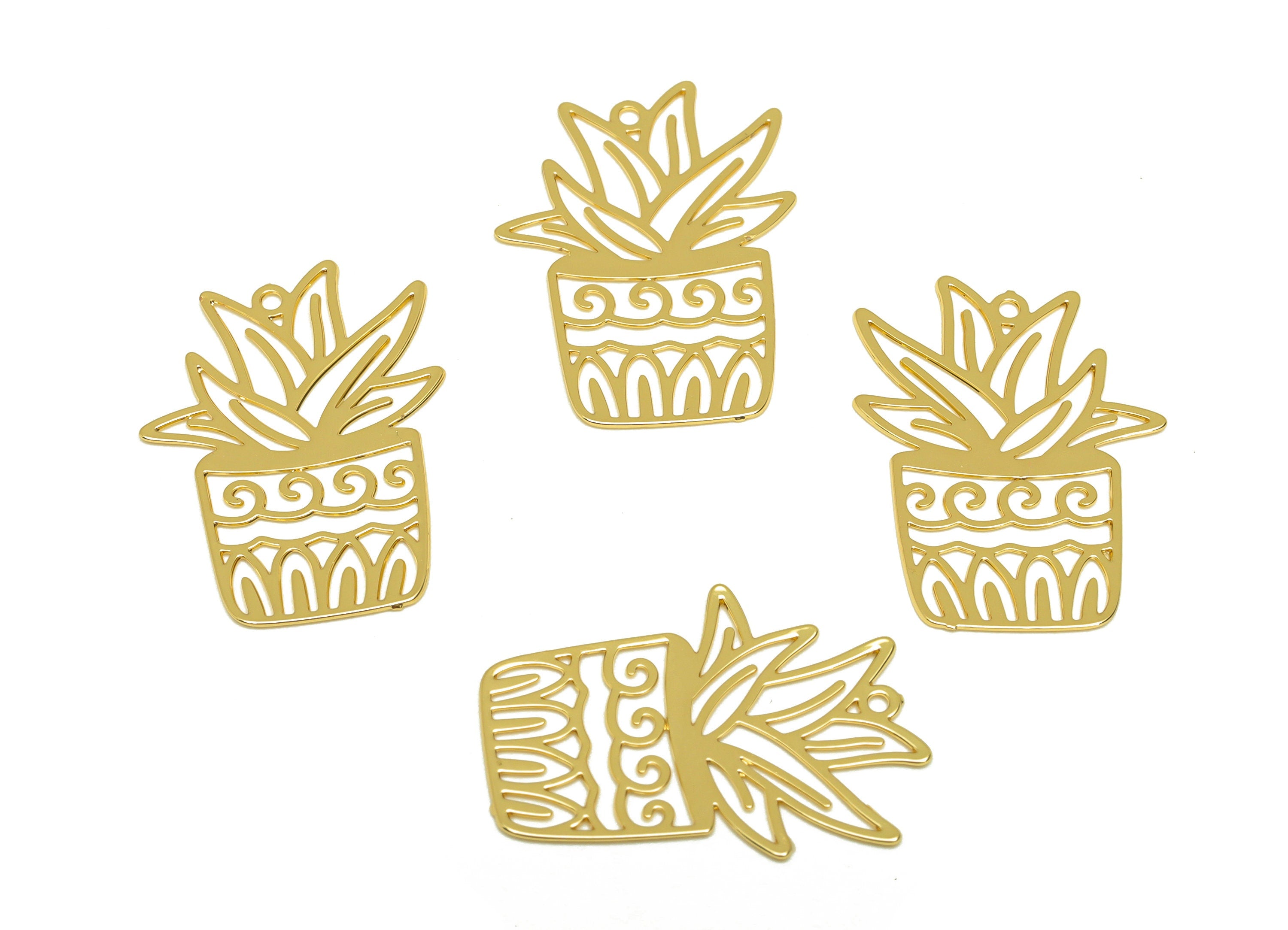 Brass Bouquet Earring Charm - Brass Pattern Spray Earring Charm - Brass Botanical Pendant - 18K Real Gold Plating - 20.8x15x0.43mm - RGP7173 - DOMEDBAZAAR