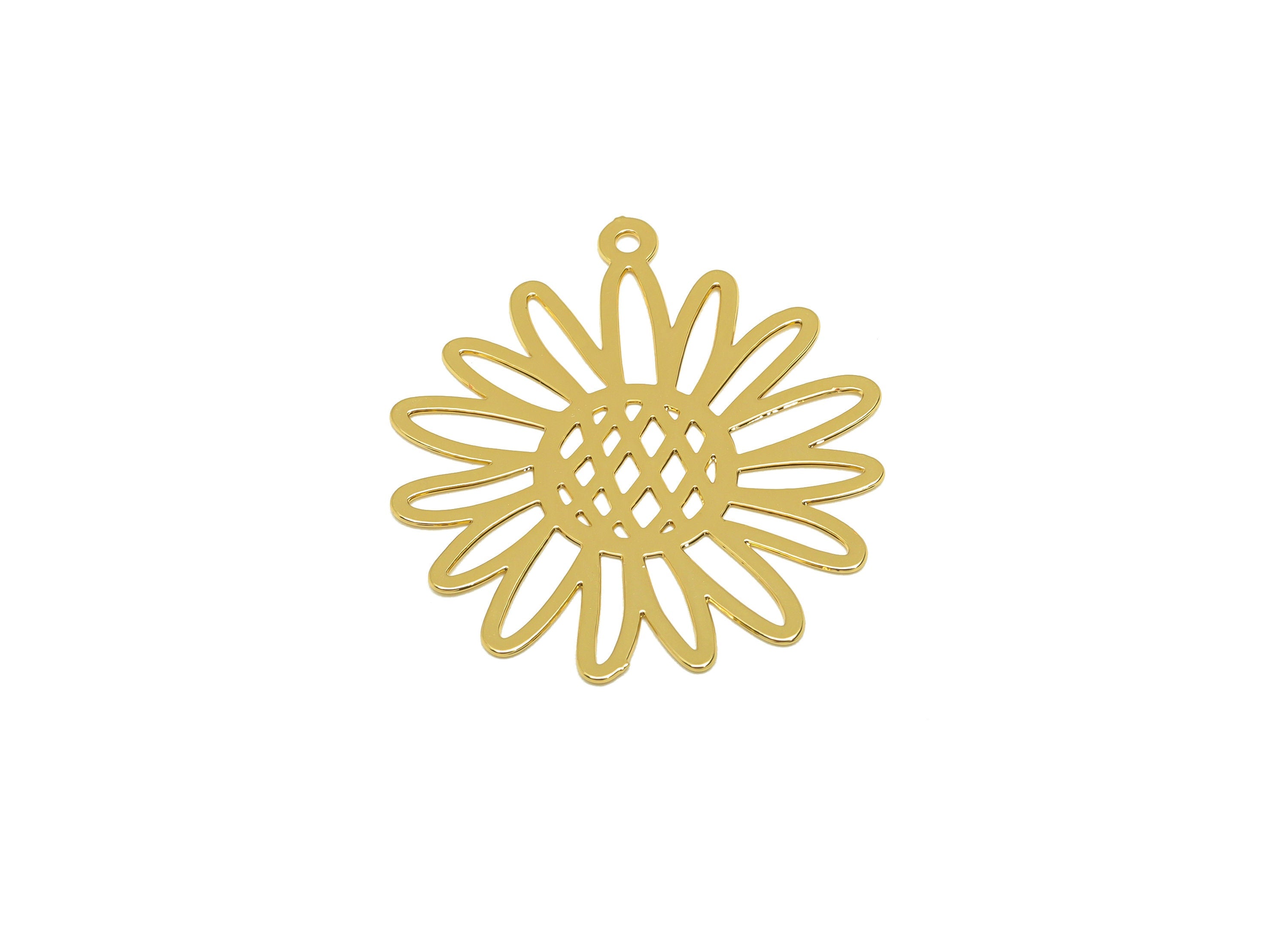 Brass Flower Earring Charm - Brass Hollow Daisy Earring Charm - Brass Botanical Pendant - 18K Real Gold Plating - 25.66x23x0.44mm - RGP7171 - DOMEDBAZAAR