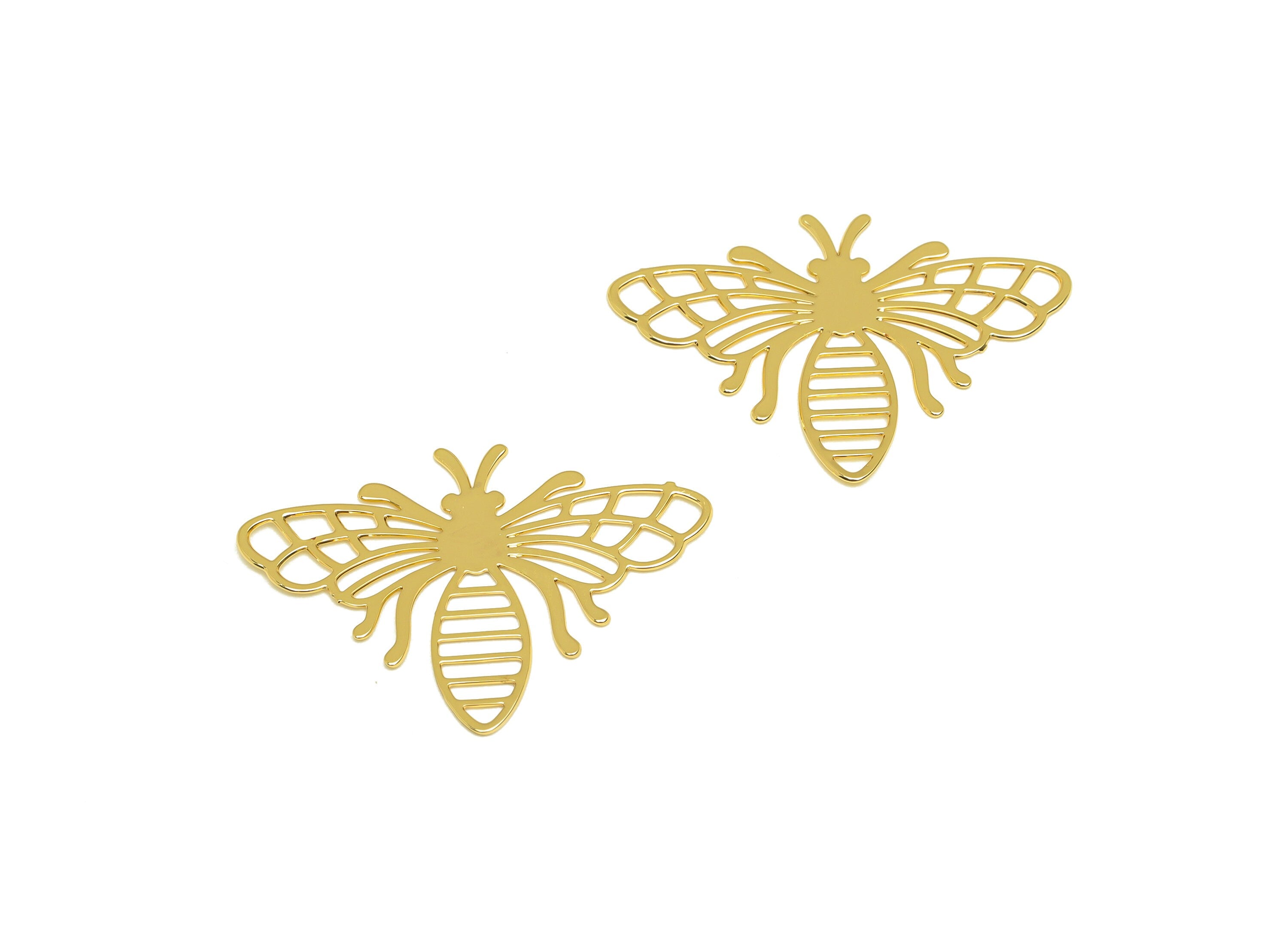 Brass Bee Earring Charm - Brass Hollow Bee Earring Charm - Brass Animal Earring Charm - 18K Real Gold Plating - 26x19x0.49mm - RGP7177 - DOMEDBAZAAR