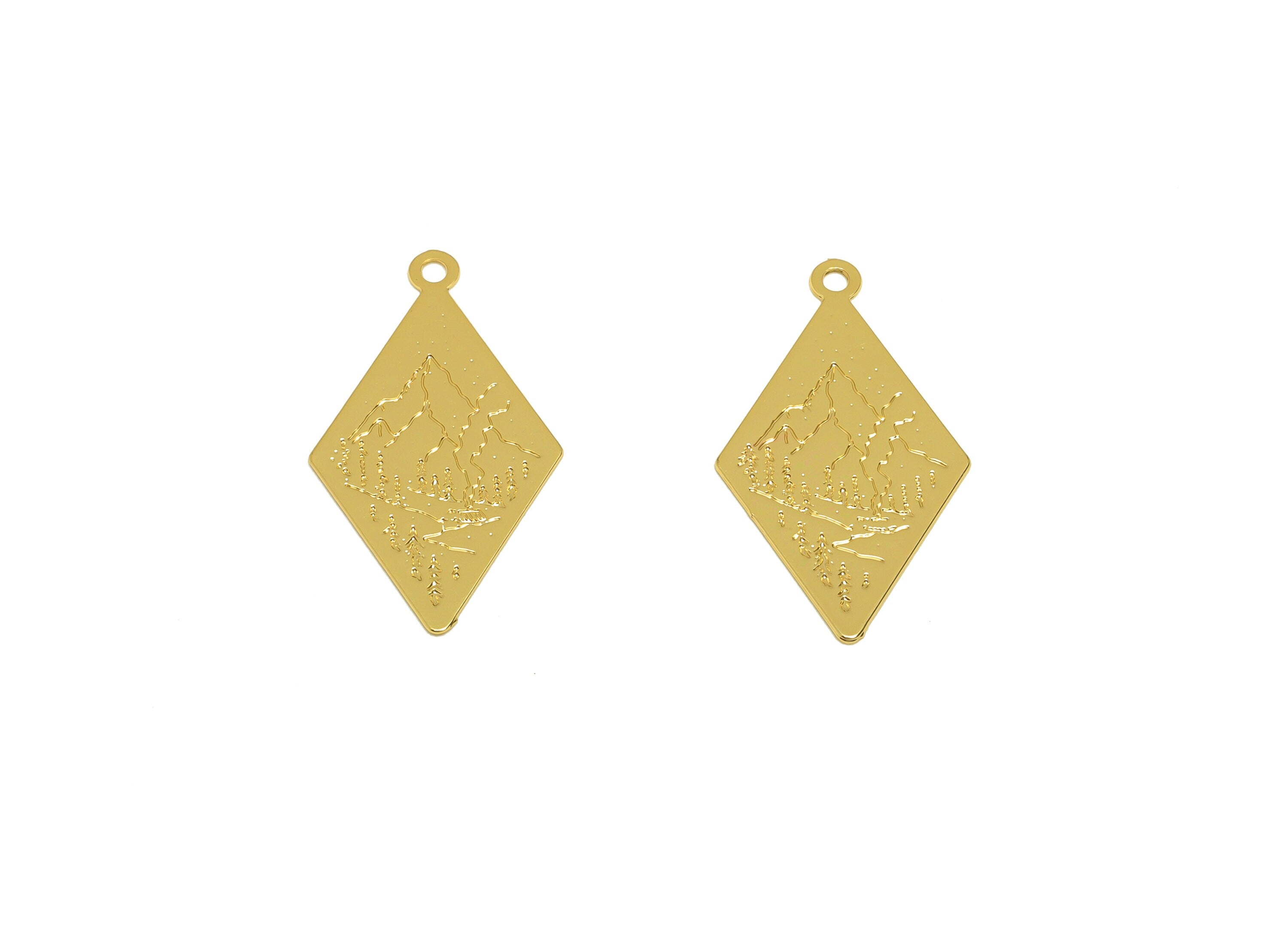 Brass Earring Charm - Brass Mountains and rivers Earring Charm - Diamond Nature Pendant - 18K Real Gold Plating - 22x12x0.45mm - RGP7179 - DOMEDBAZAAR