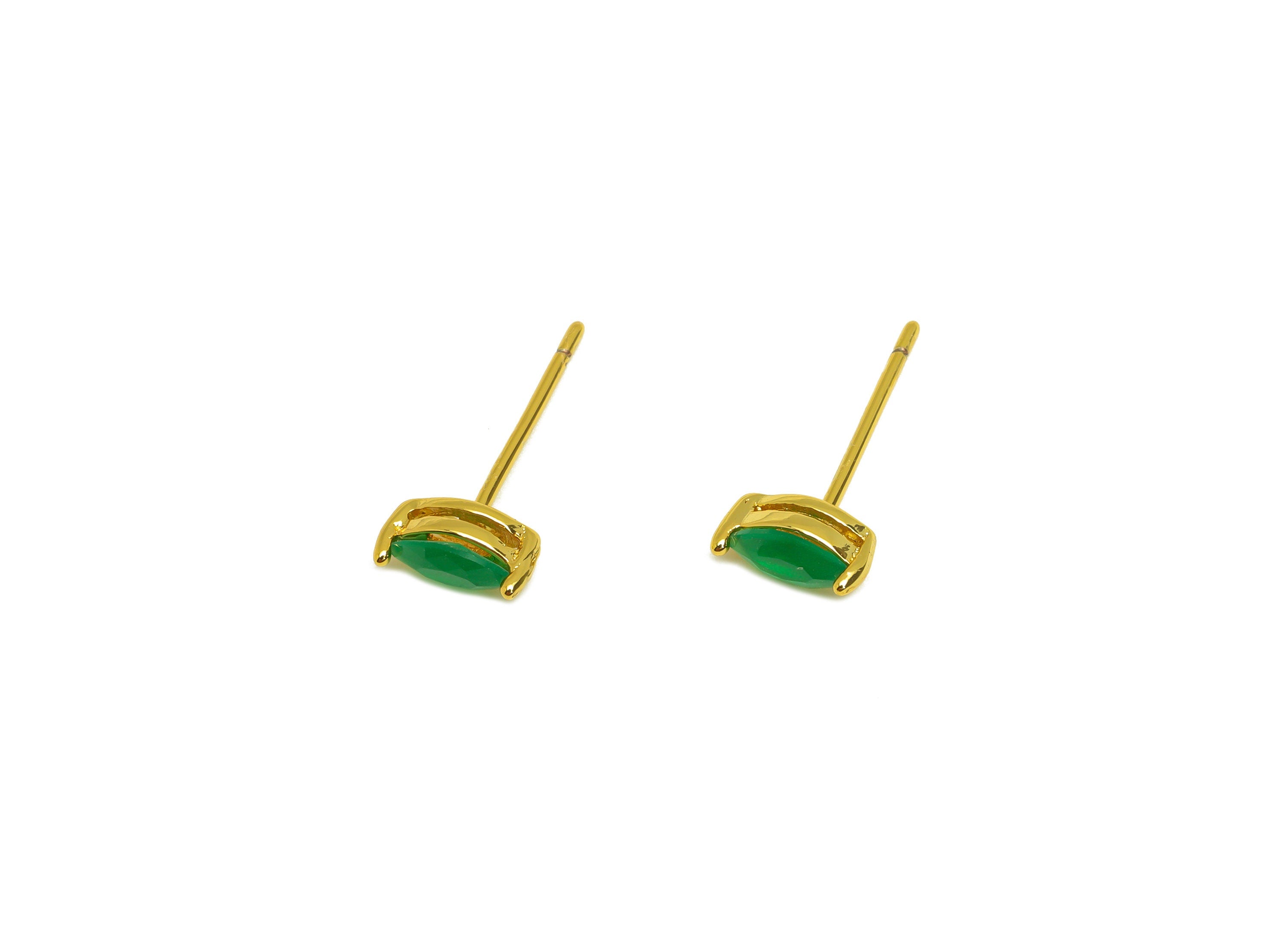 Brass Marquise CZ Earring Stud - Brass Green Cubic Zircon Earring Post - Geometry Earring Post - 18K Real Gold Plating - 15x7x0.6mm-RGP7180D - DOMEDBAZAAR
