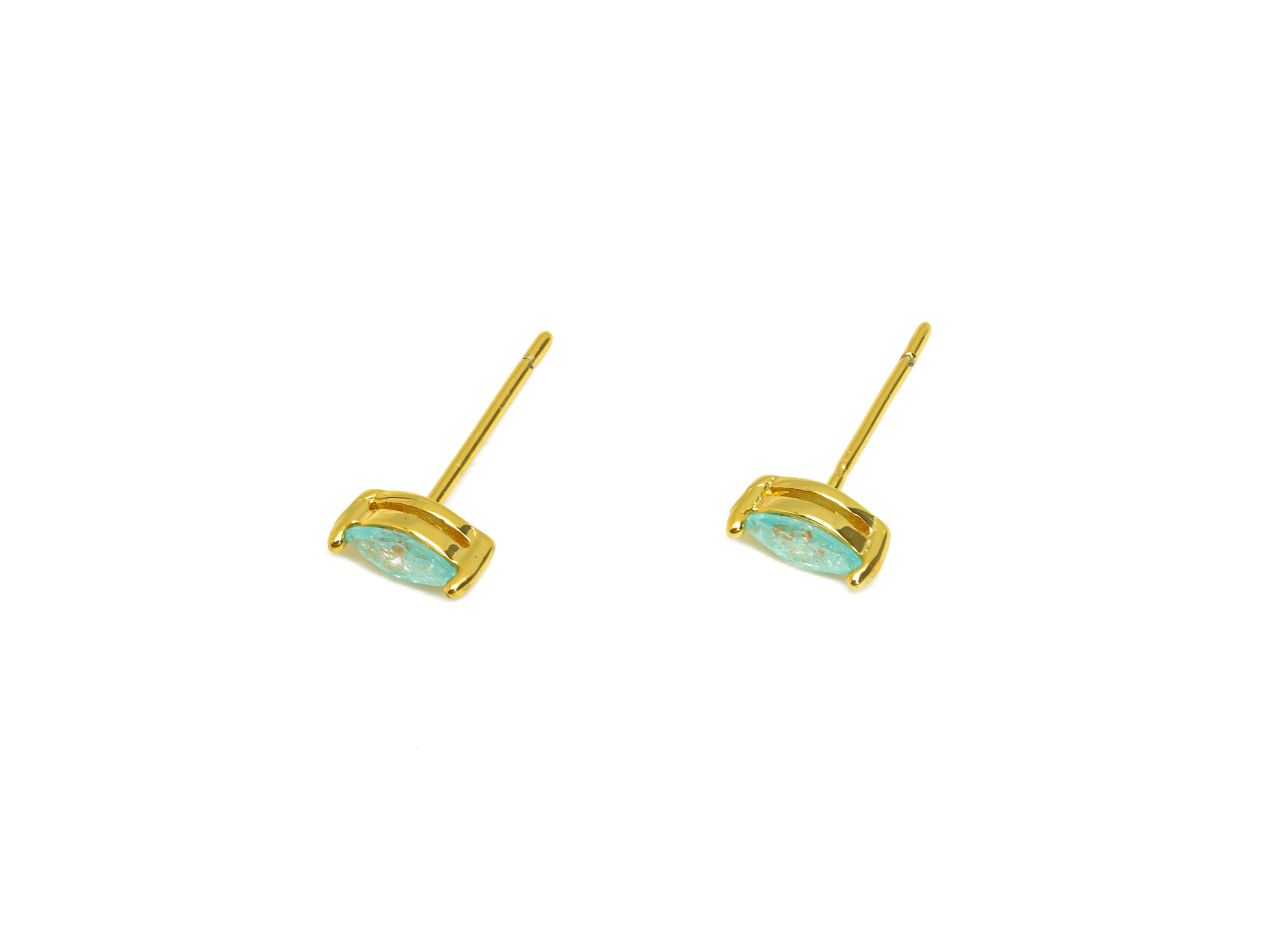 Brass Marquise Earring Stud - Brass Crystal Blue Zircon Earring Post - Geometry Earring Post - 18K Real Gold Plating - 15x7x0.6mm -RGP7180E - DOMEDBAZAAR