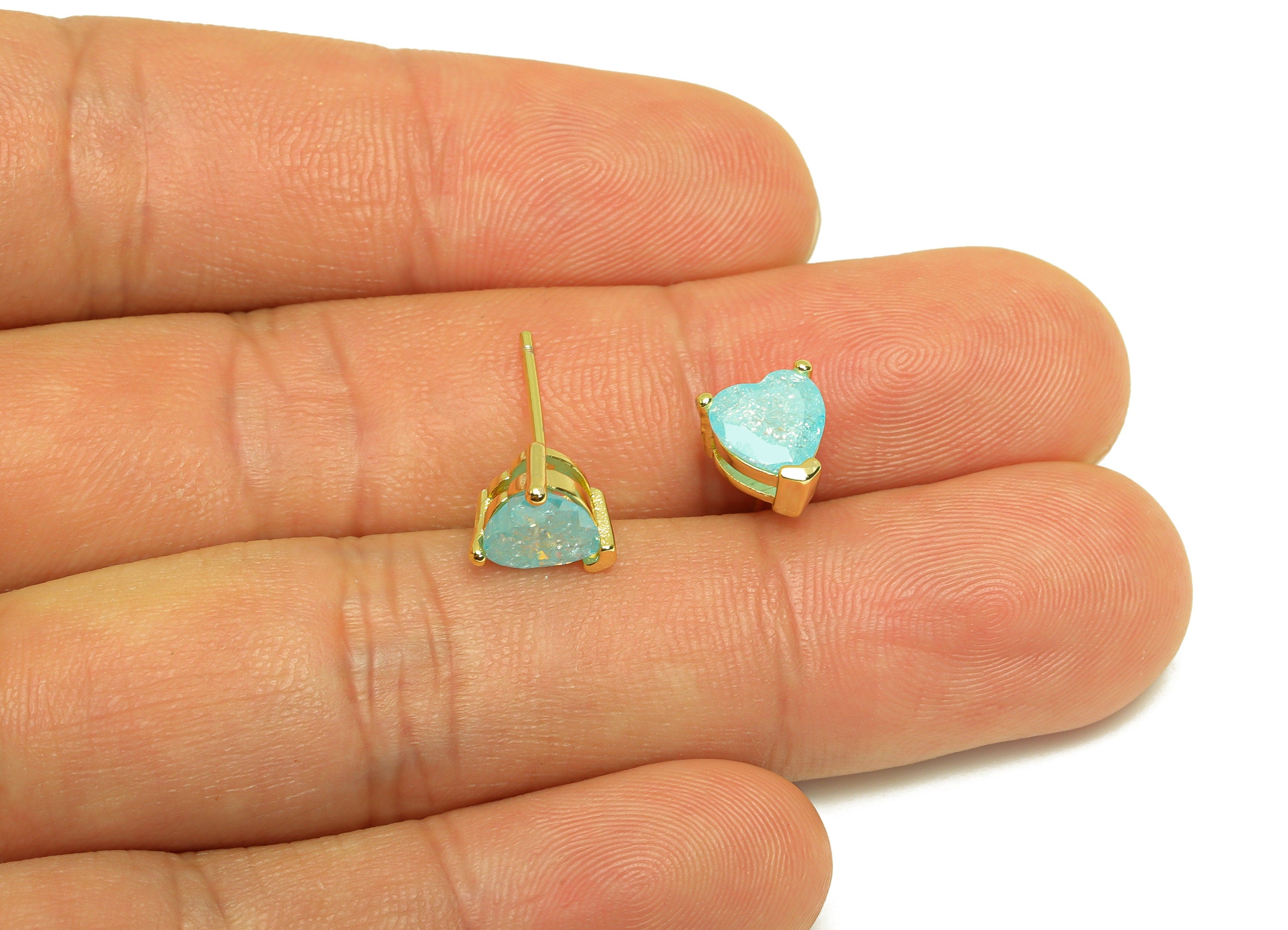 Brass Heart CZ Earring Stud - Brass Blue Cubic Zircon Earring Post - Geometry Earring Post - 18K Real Gold Plating - 17x7x0.73mm - RGP7182A - DOMEDBAZAAR