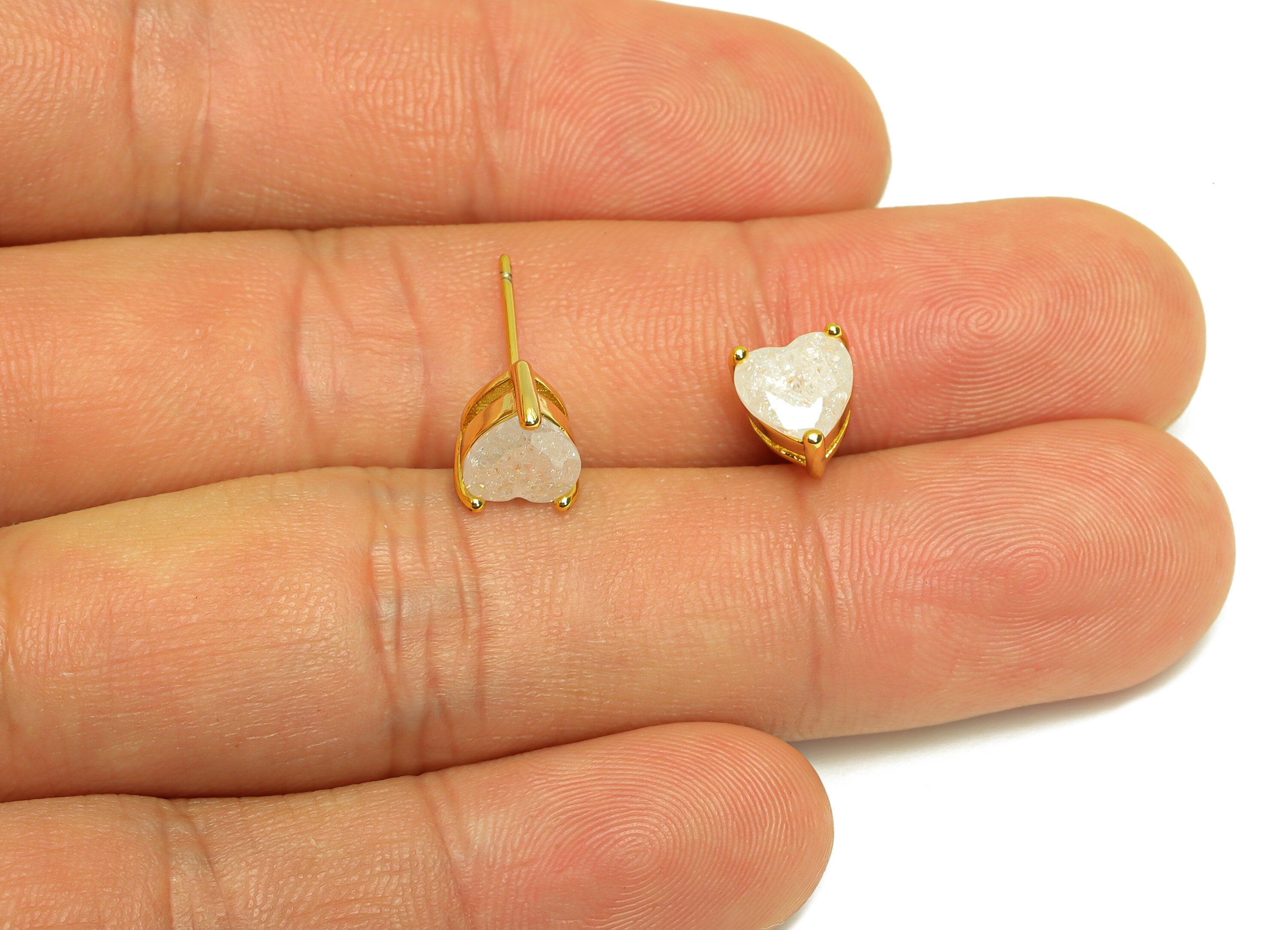 Brass Heart CZ Earring Stud - Brass White Cubic Zircon Earring Post - Geometry Earring Post - 18K Real Gold Plating - 17x7x0.73mm - RGP7182B - DOMEDBAZAAR