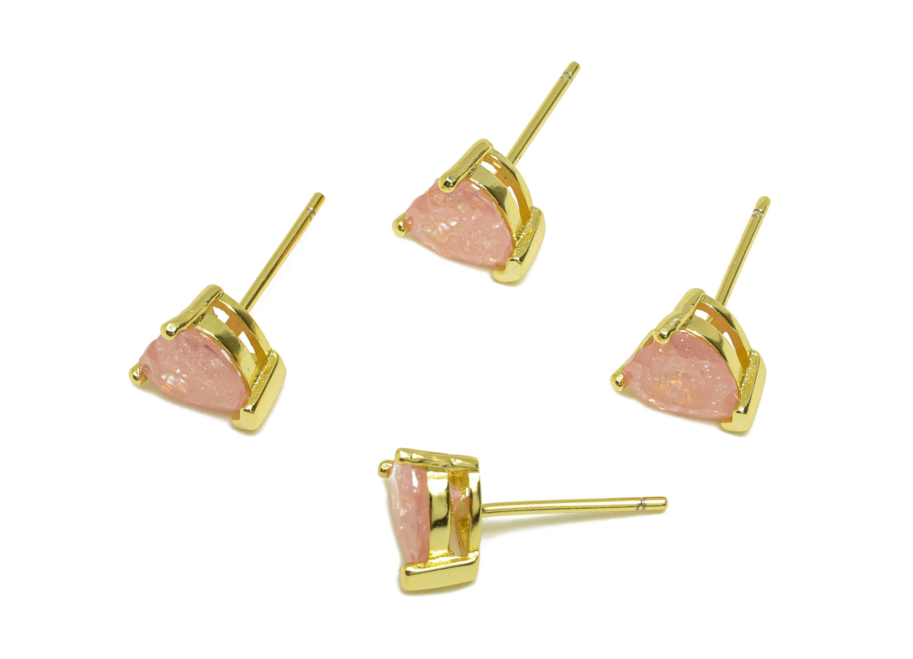 Brass Heart CZ Earring Stud - Brass Pink Cubic Zircon Earring Post - Geometry Earring Post - 18K Real Gold Plating - 17x7x0.73mm - RGP7182D - DOMEDBAZAAR