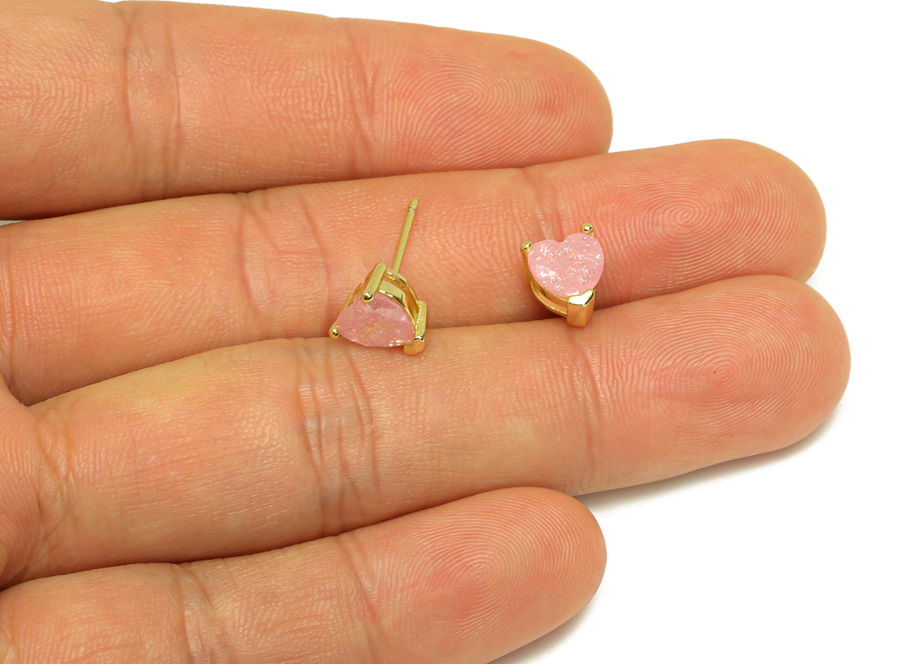 Brass Heart CZ Earring Stud - Brass Pink Cubic Zircon Earring Post - Geometry Earring Post - 18K Real Gold Plating - 17x7x0.73mm - RGP7182D - DOMEDBAZAAR