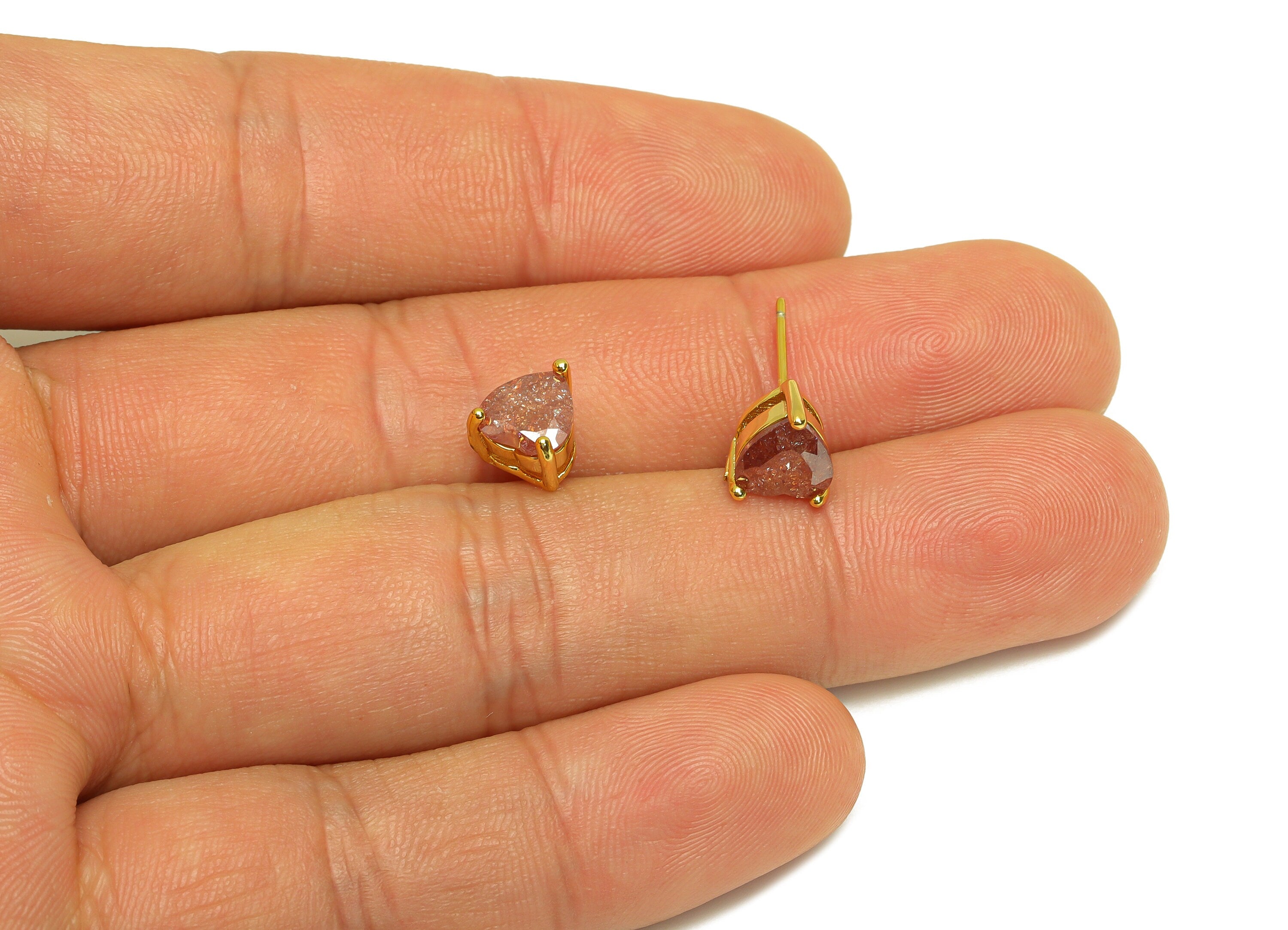 Brass Heart CZ Earring Stud - Brass Purple Cubic Zircon Earring Post - Geometry Earring Post - 18K Real Gold Plating - 17x7x1mm -RGP7182E - DOMEDBAZAAR