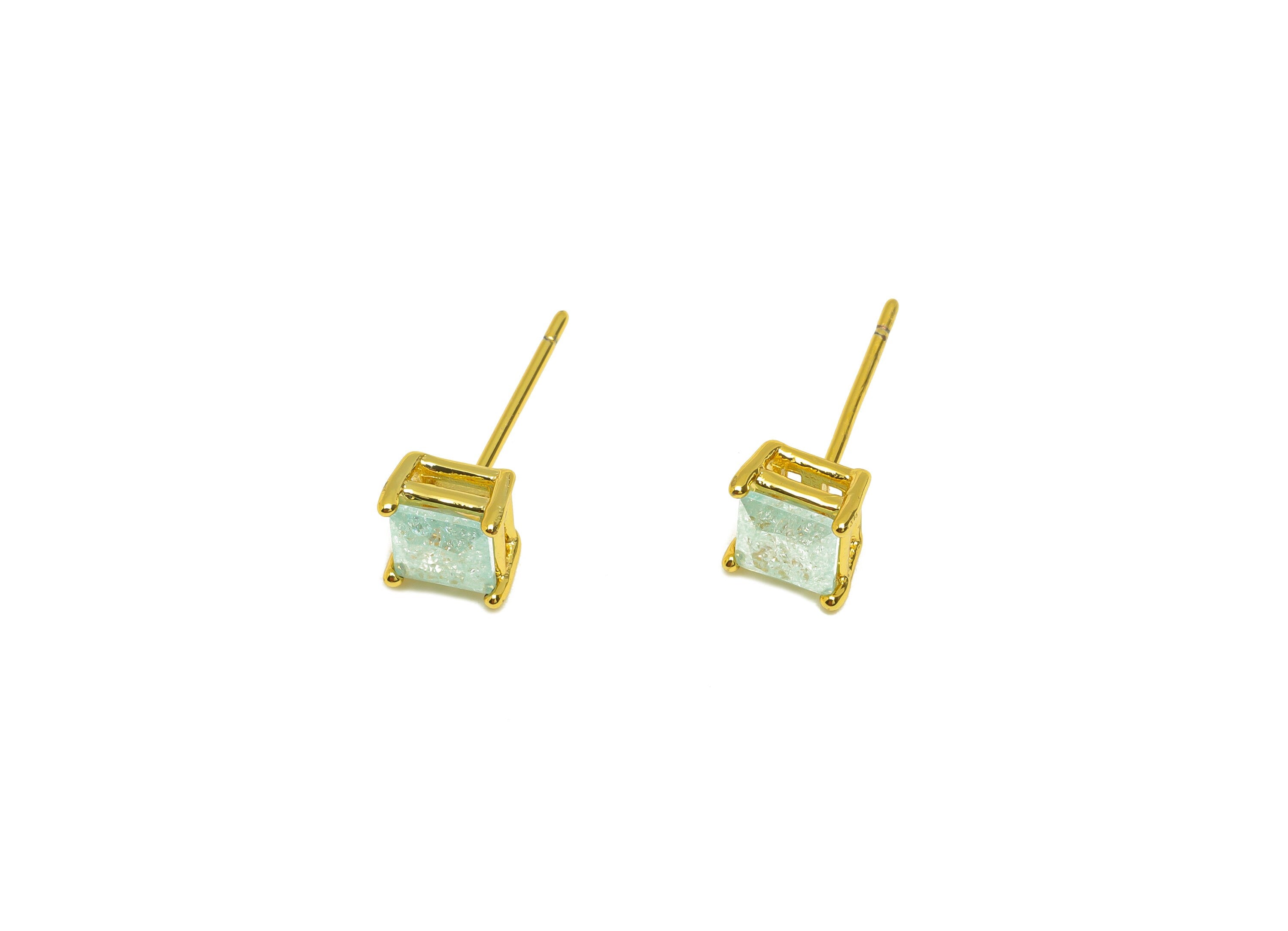 Brass Square CZ Earring Stud - Brass Crystal Blue Zircon Earring Post - Geometry Earring Post - 18K Real Gold Plating - 16x6x0.66mm-RGP7183B - DOMEDBAZAAR