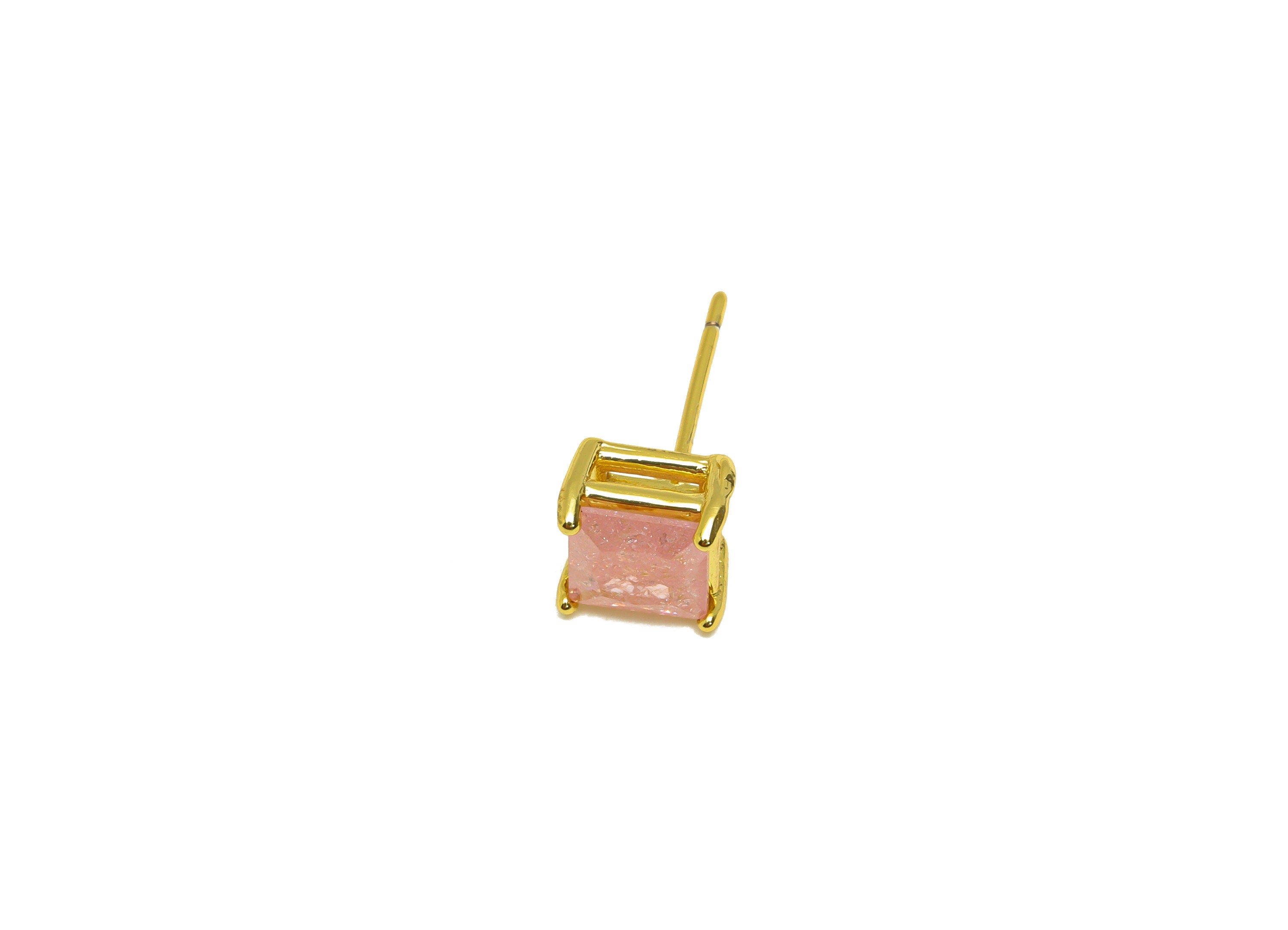 Brass Square CZ Earring Stud - Brass Pink Cubic Zircon Earring Post - Geometry Earring Post - 18K Real Gold Plating - 16x7x0.72mm - RGP7184A - DOMEDBAZAAR