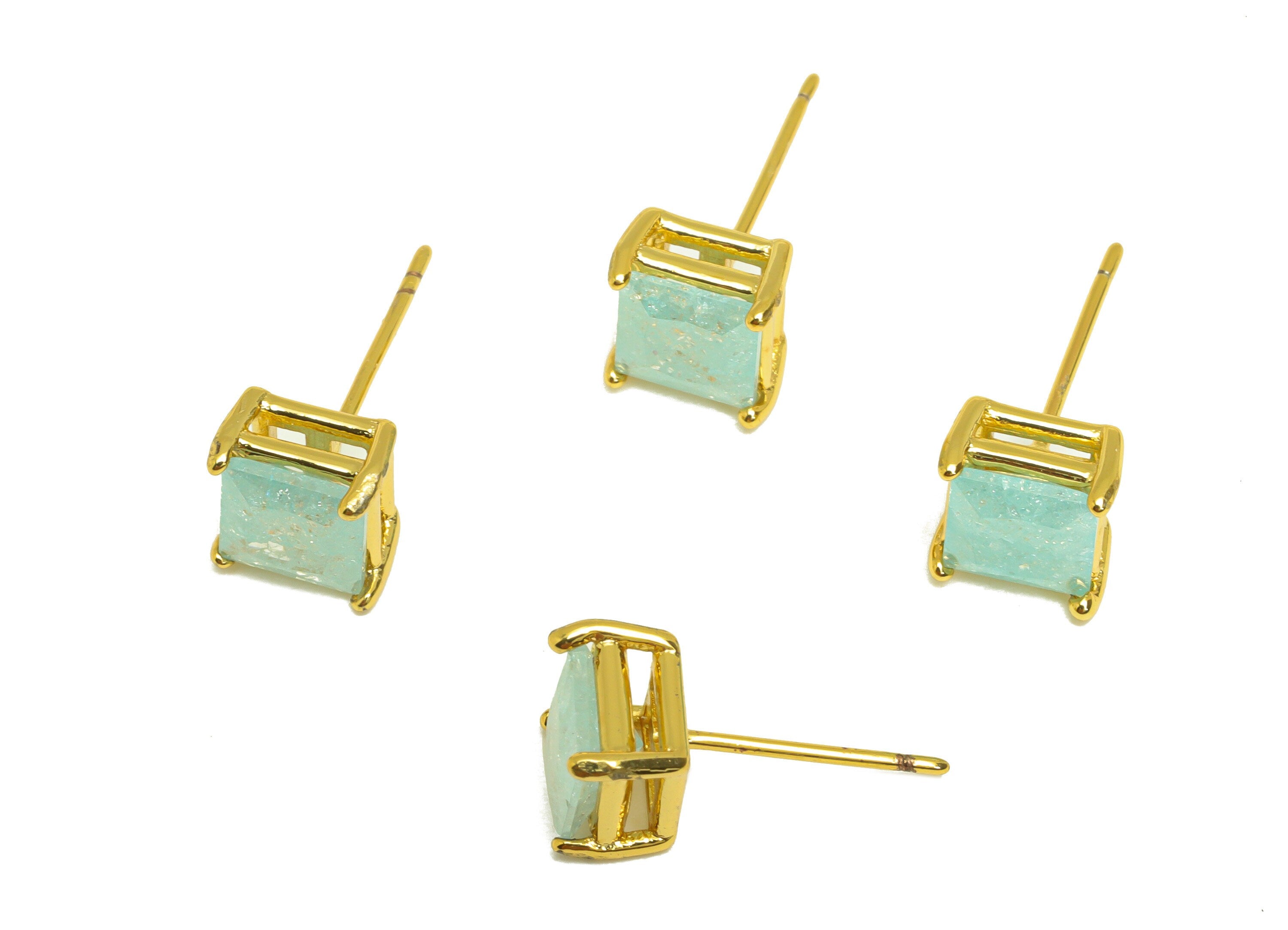 Brass Square CZ Earring Stud - Brass Blue Cubic Zircon Earring Post - Geometry Earring Post - 18K Real Gold Plating - 16x7x0.72mm - RGP7184C - DOMEDBAZAAR