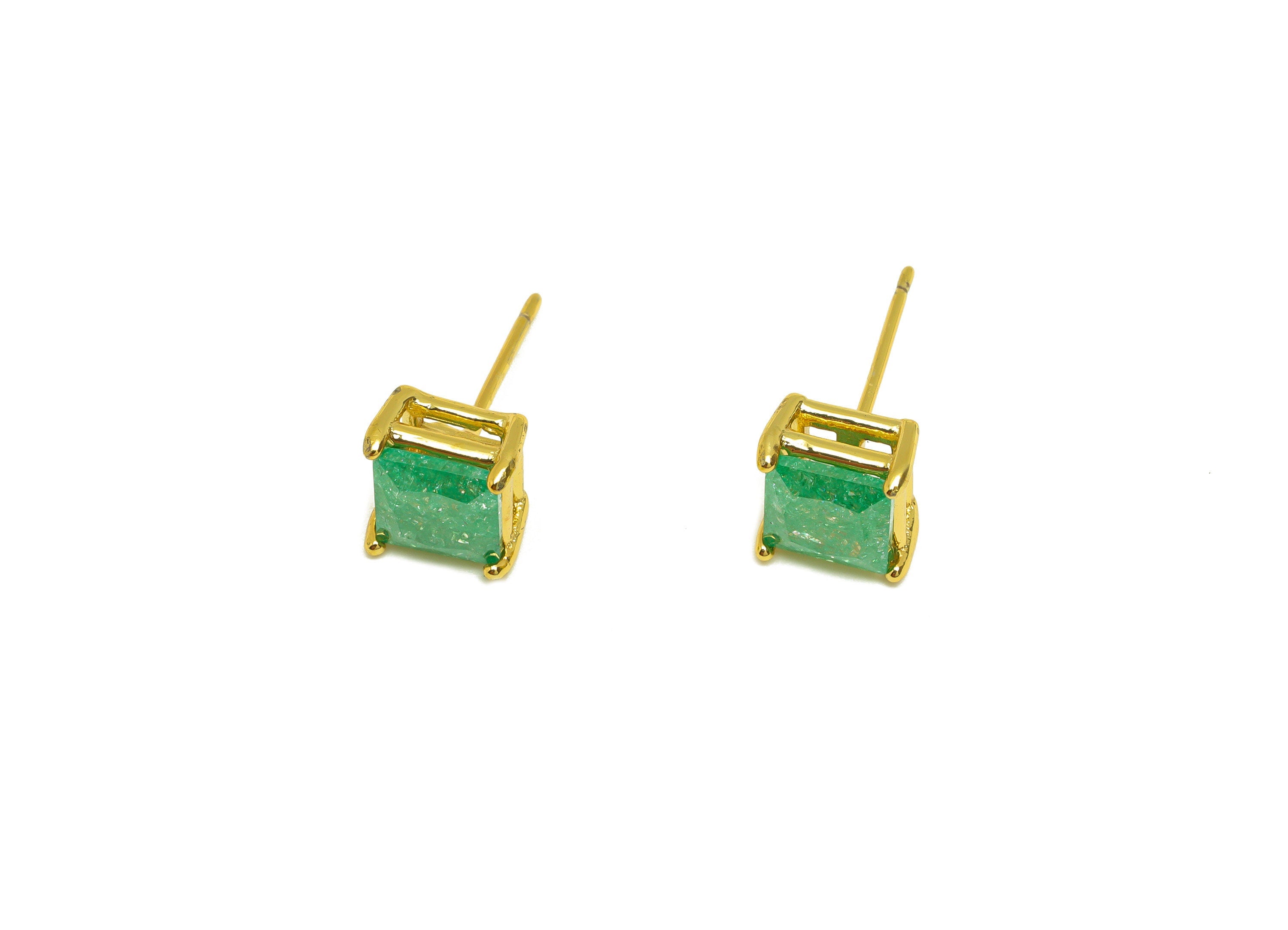 Brass Square CZ Earring Stud - Brass Green Cubic Zircon Earring Post - Geometry Earring Post - 18K Real Gold Plating - 16x7x0.7mm - RGP7184D - DOMEDBAZAAR
