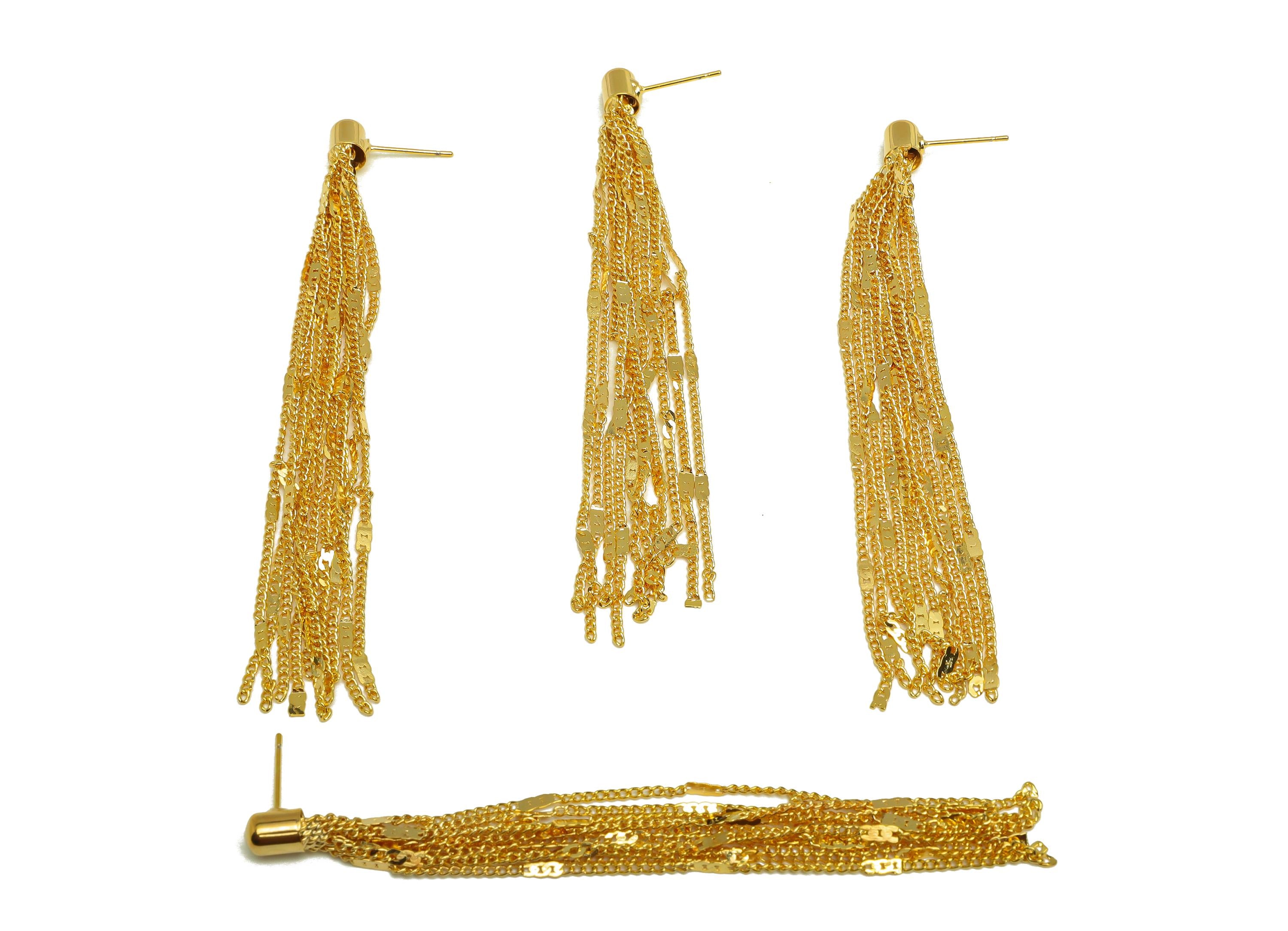 Brass Tassel Earring Stud - Brass Tassel Earring Post - Brass Cable Chain Earring Post - 18K Real Gold Plating - 93x5.04x5.1mm - RGP7533 - DOMEDBAZAAR