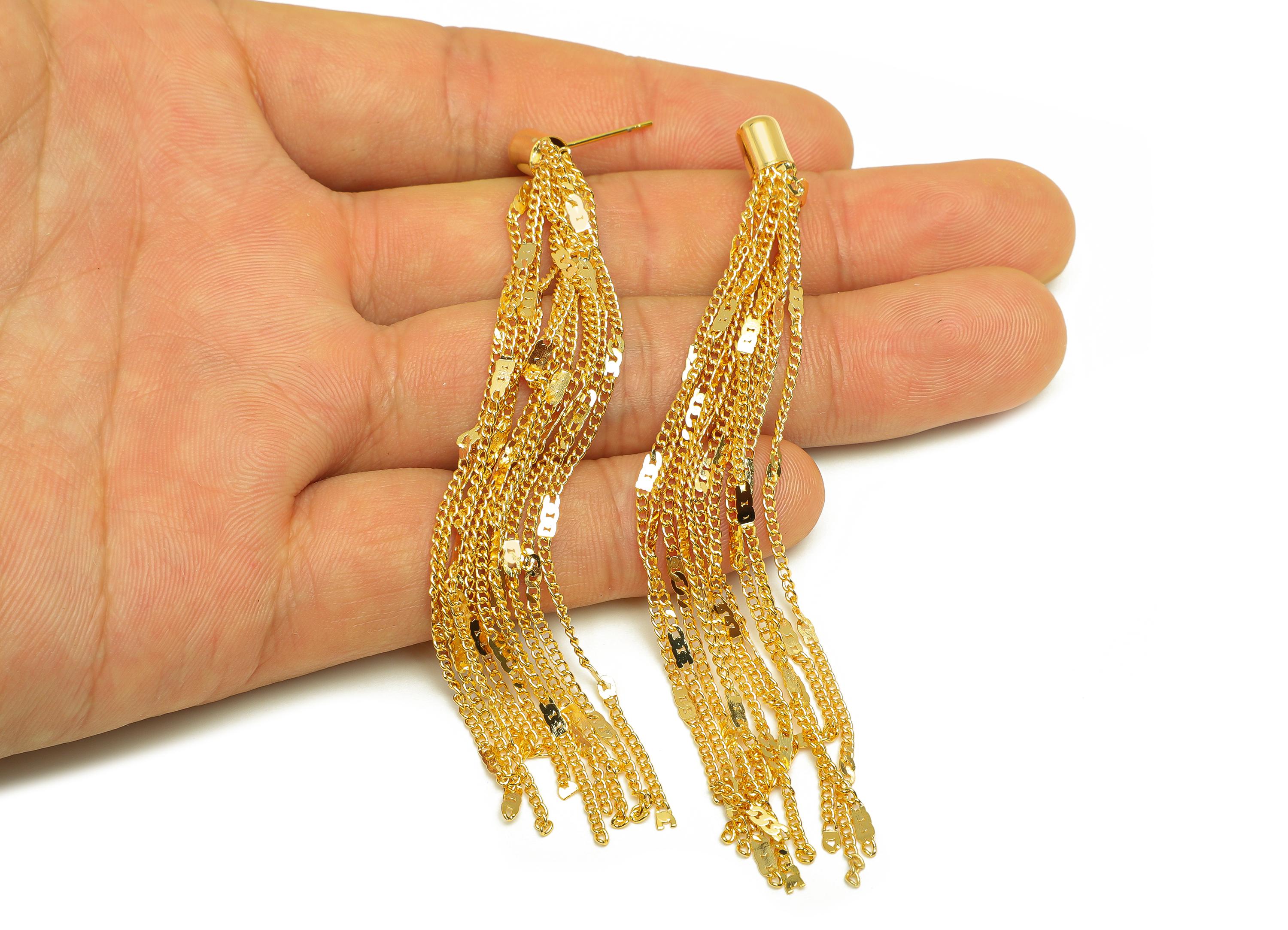 Brass Tassel Earring Stud - Brass Tassel Earring Post - Brass Cable Chain Earring Post - 18K Real Gold Plating - 93x5.04x5.1mm - RGP7533 - DOMEDBAZAAR