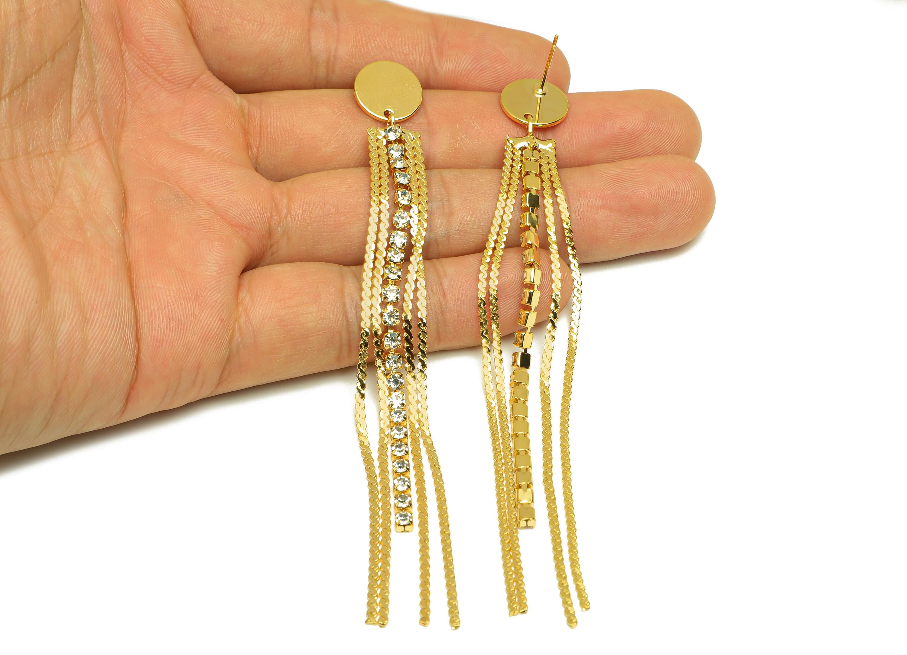 Brass Tassel Earring Stud - Brass Round Tassel Earring Post - Zircon Snake Chain Tassel Post - 18K Real Gold Plated - 107x12x0.8mm - RGP7515 - DOMEDBAZAAR