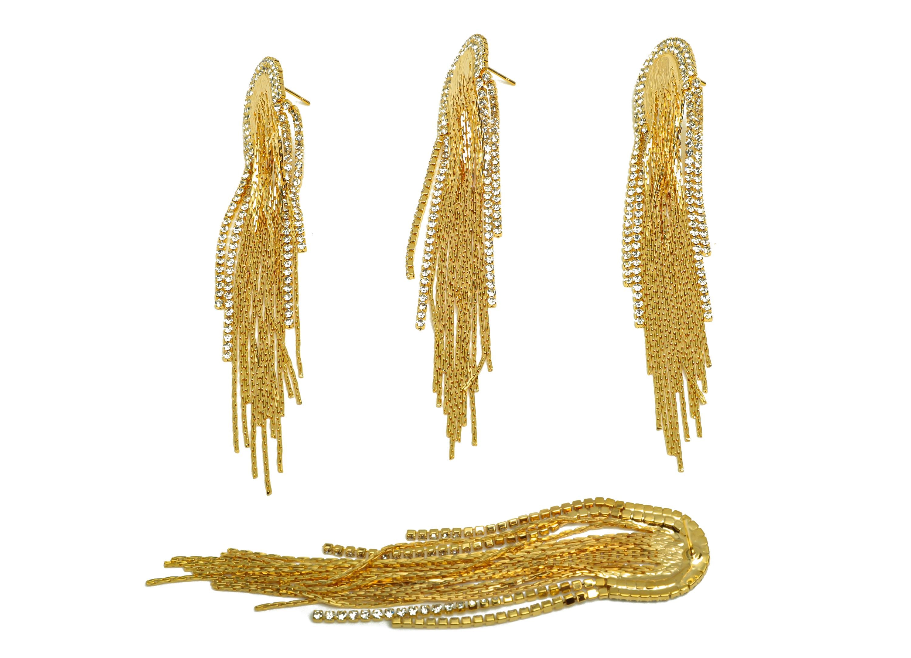 Brass Tassel Earring Stud - Brass Domed Tassel Earring Post - Zircon Snake Chain Tassel Post - 18K Real Gold Plated - 98x18x1.58mm - RGP7518 - DOMEDBAZAAR