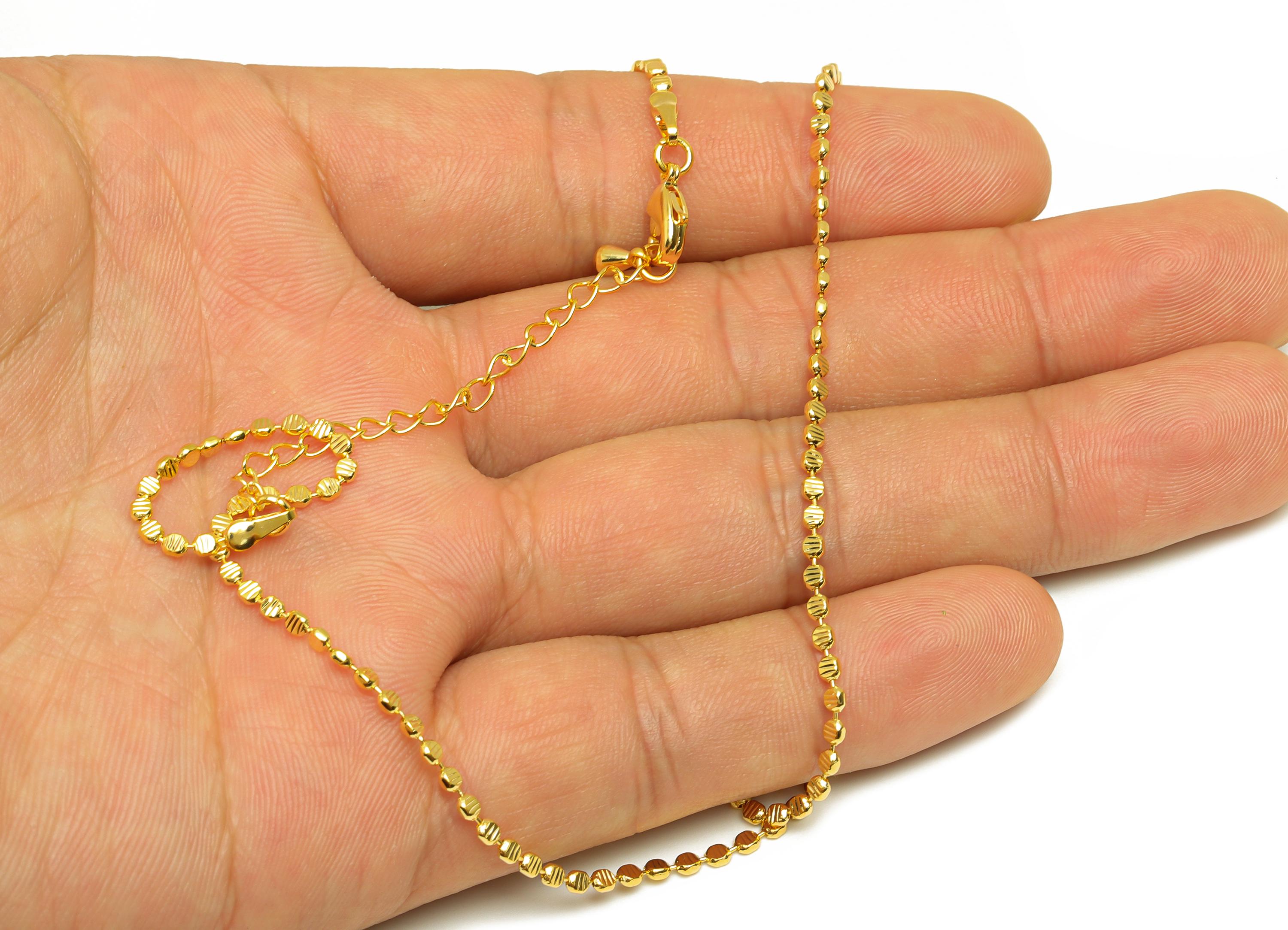2mm Finished Textured Ball Chain - Gold 43+5.5cm Beaded Chain Pellet - Brass Flat Round Chain - For Necklace - 18K Real Gold Plating-RGP7478 - DOMEDBAZAAR