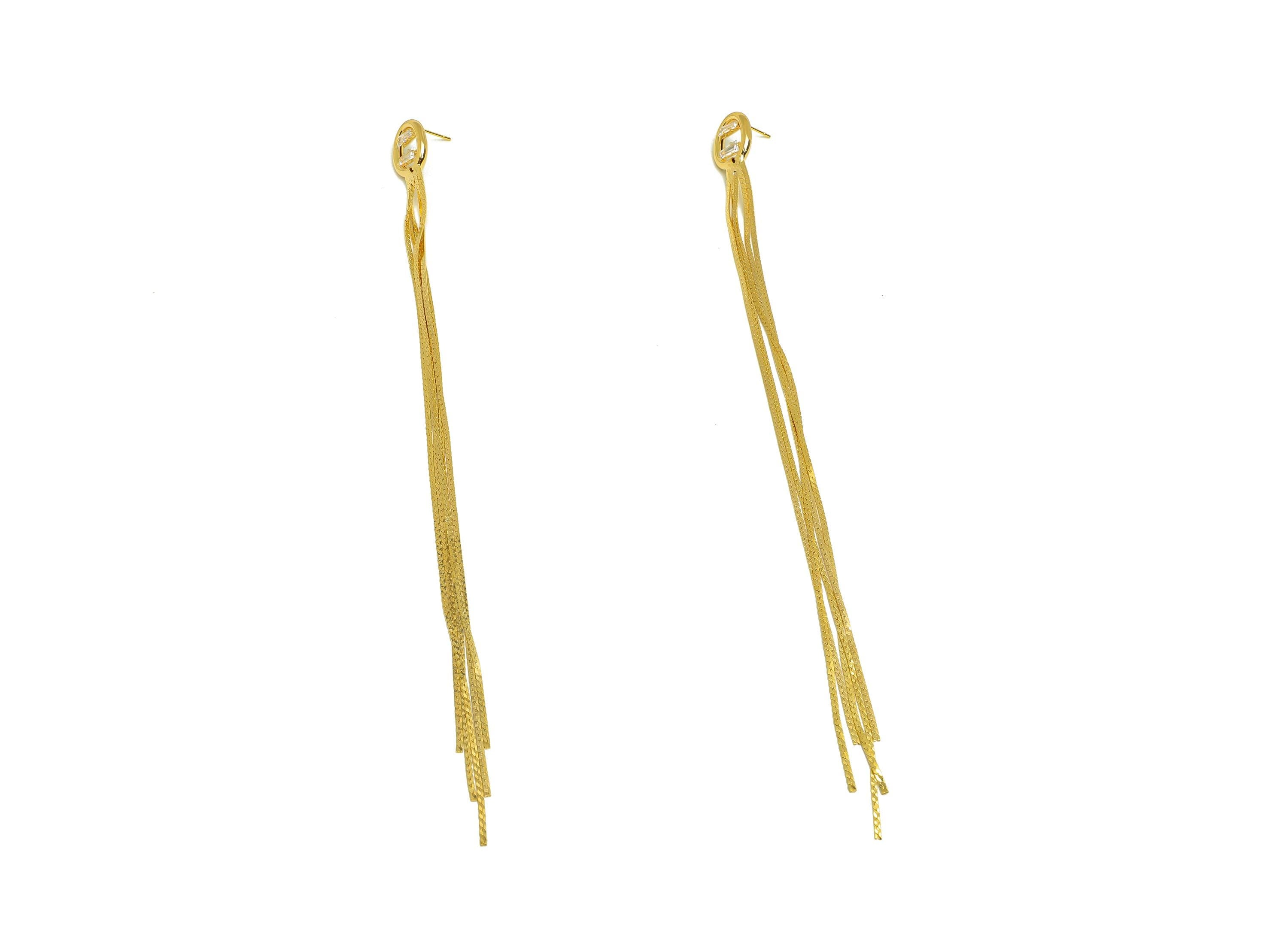 Brass Tassel Earring Stud - Brass Oval Tassel Earring Post - Zircon Snake Chain Tassel Post - 18K Real Gold Plated - 190x12x3mm - RGP7516 - DOMEDBAZAAR