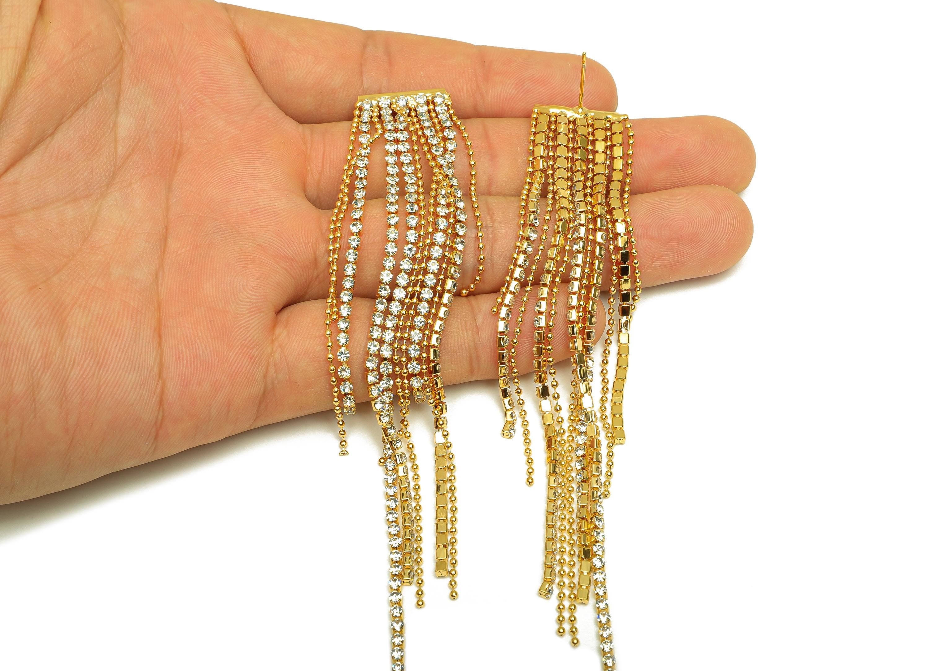 Brass Tassel Earring Stud - Brass CZ Tassel Earring Post - Zircon Tassel Beaded Chain Post - 18K Real Gold Plated - 127x17x1.9mm - RGP7519 - DOMEDBAZAAR