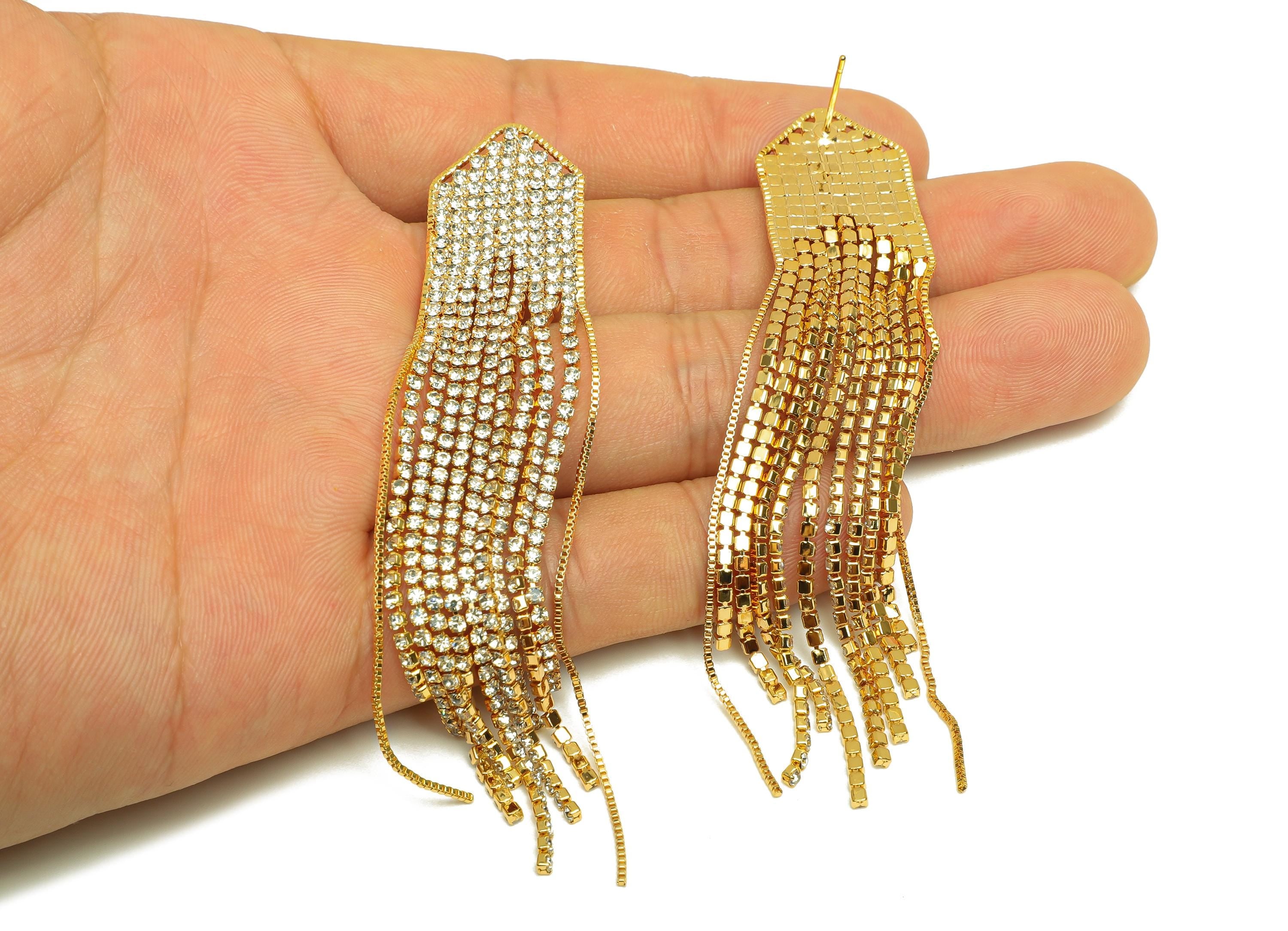 Brass Tassel Earring Stud - Brass Geometry Tassel Earring Post - Zircon Box Chain Tassel Post - 18K Real Gold Plated - 90x17x1mm - RGP7517 - DOMEDBAZAAR