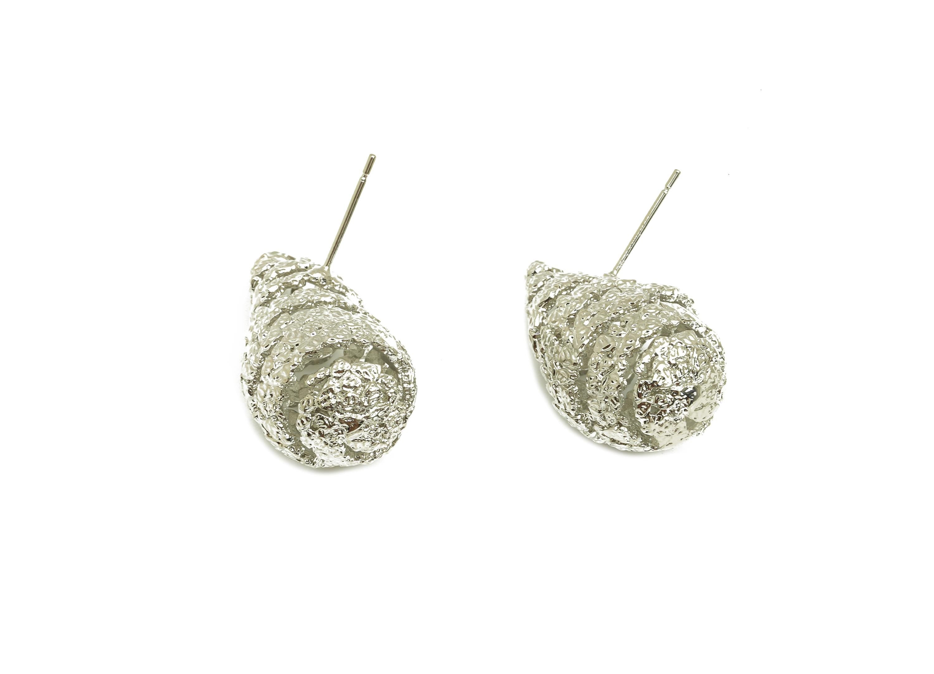 Brass Teardrop Earring Stud - Textured Drop Earring Post - Frosted Twine Wire Earring Post - 18K Real White Gold Plating -25x23x14mm-RGP7784 - DOMEDBAZAAR