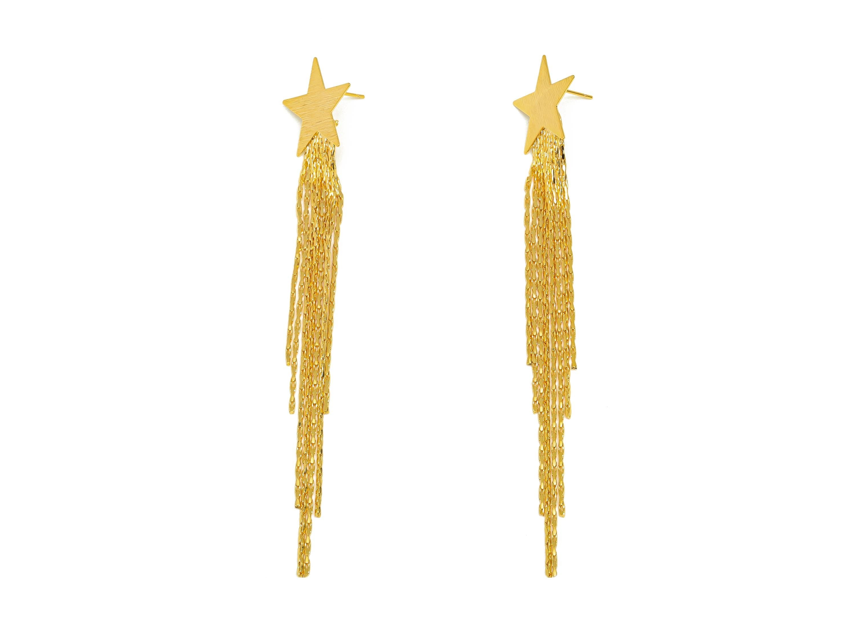 Brass Tassel Star Earring - Textured Star Tassel Earring Post - Gold Snake Chian Ear Stud- 18K Real Gold Plated - 106.48x20x0.85mm - RGP7492 - DOMEDBAZAAR