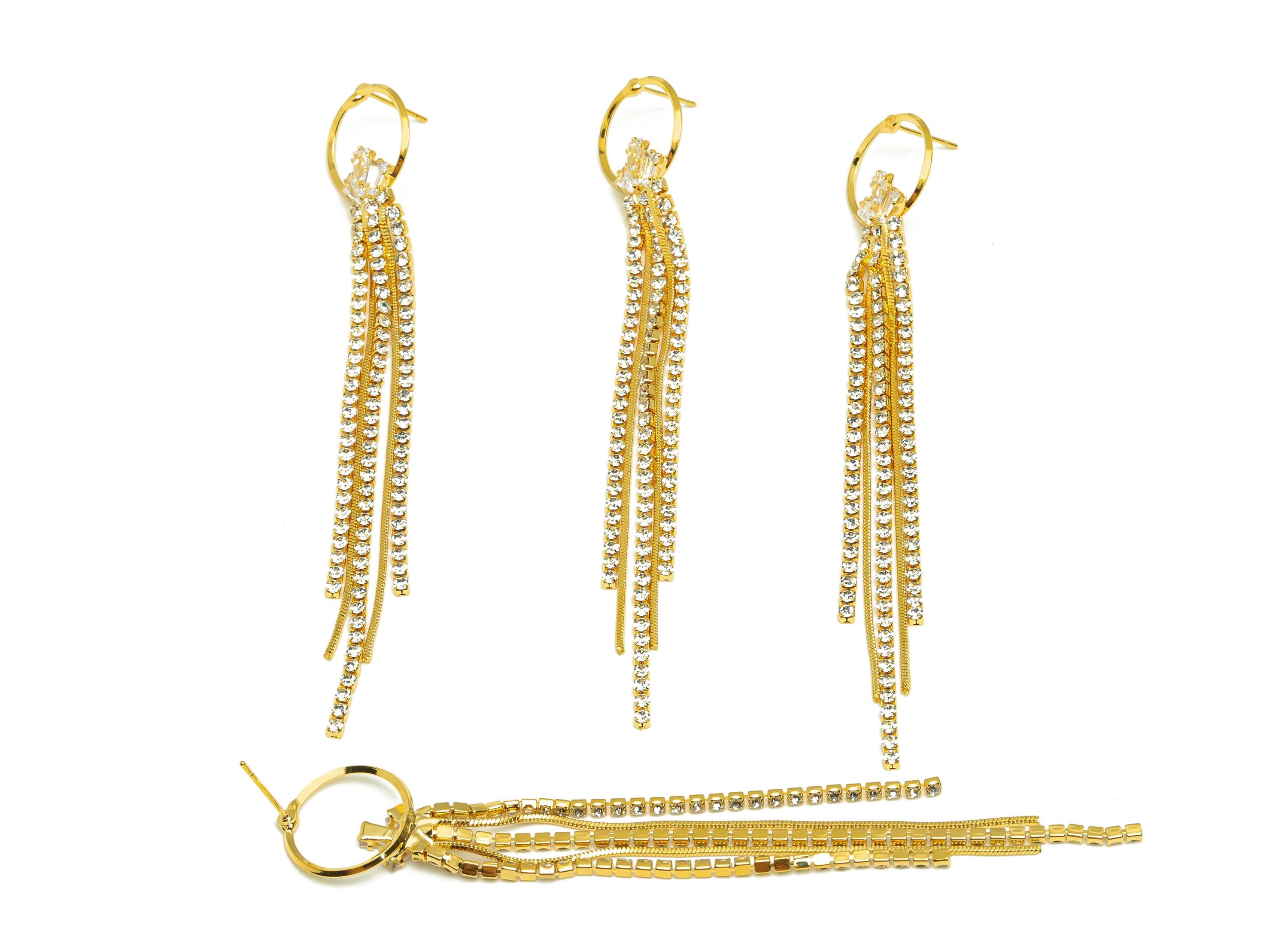 Zircon Tassel Earring Stud - Brass Round Tassel Earring Post - Zircon Snake Chian Earring - 18K Real Gold Plated - 110.8x17.2x1.33mm-RGP7493 - DOMEDBAZAAR