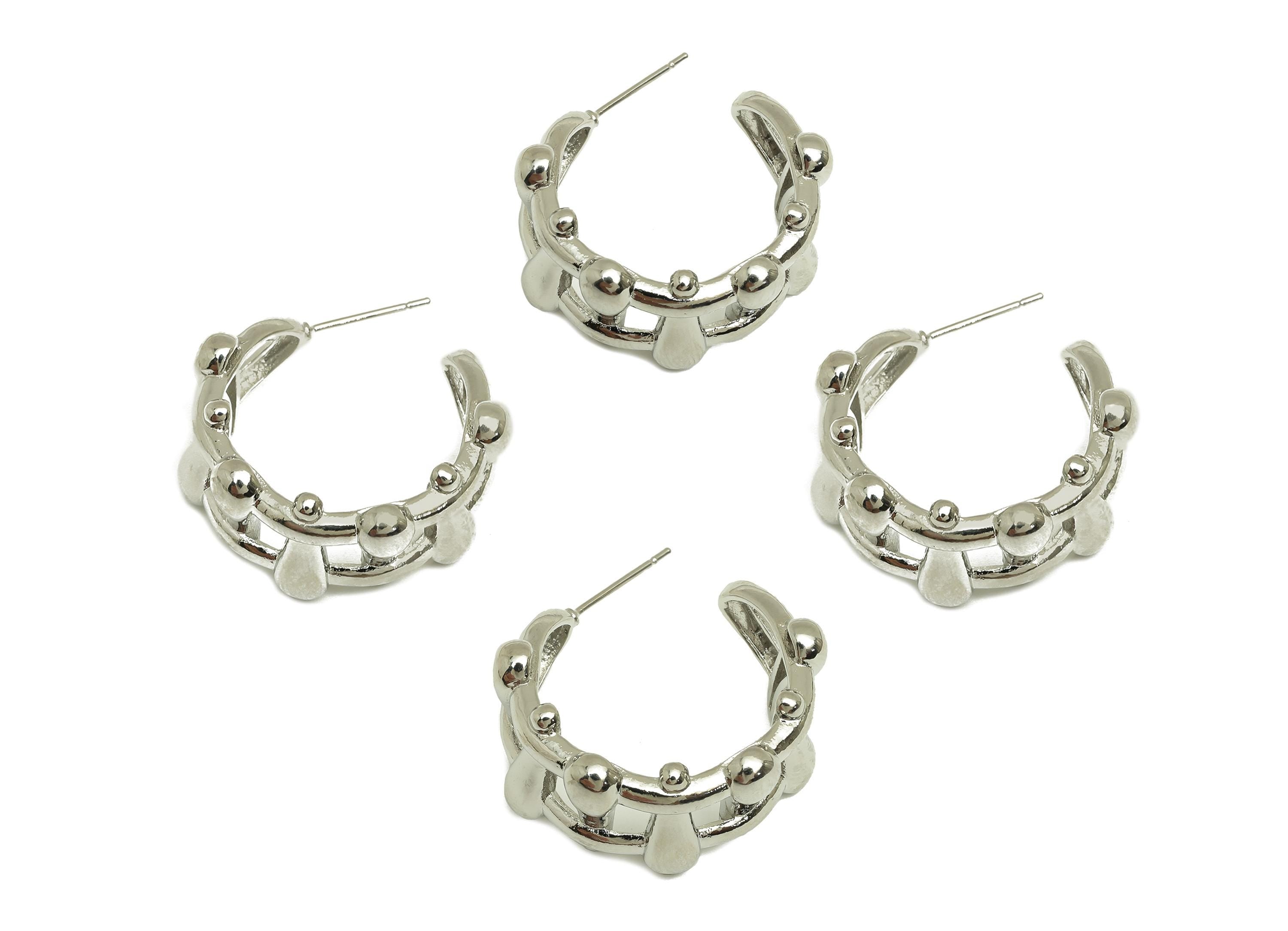 Brass Hoop Earring Stud - Brass Open Hoop Earring Post - Brass Wide Hoop Earring Post - 18K Real White Gold Plating - 25x25x11.6mm - RGP7769 - DOMEDBAZAAR