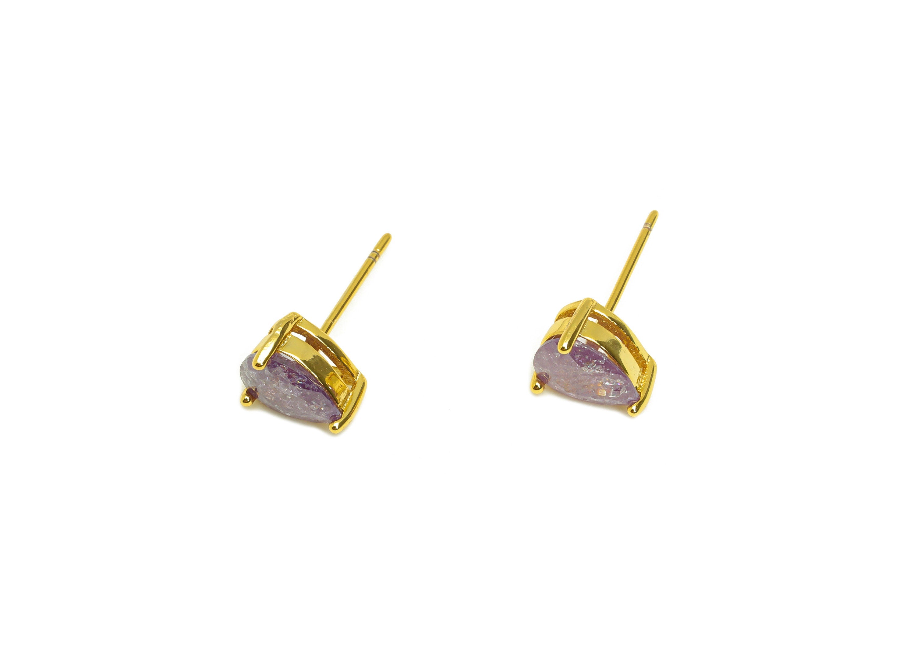 Brass Teardrop CZ Earring Stud - Brass Purple Cubic Zircon Earring Post - Drop Earring Post - 18K Real Gold Plating - 17x6x0.7mm -RGP7185B - DOMEDBAZAAR
