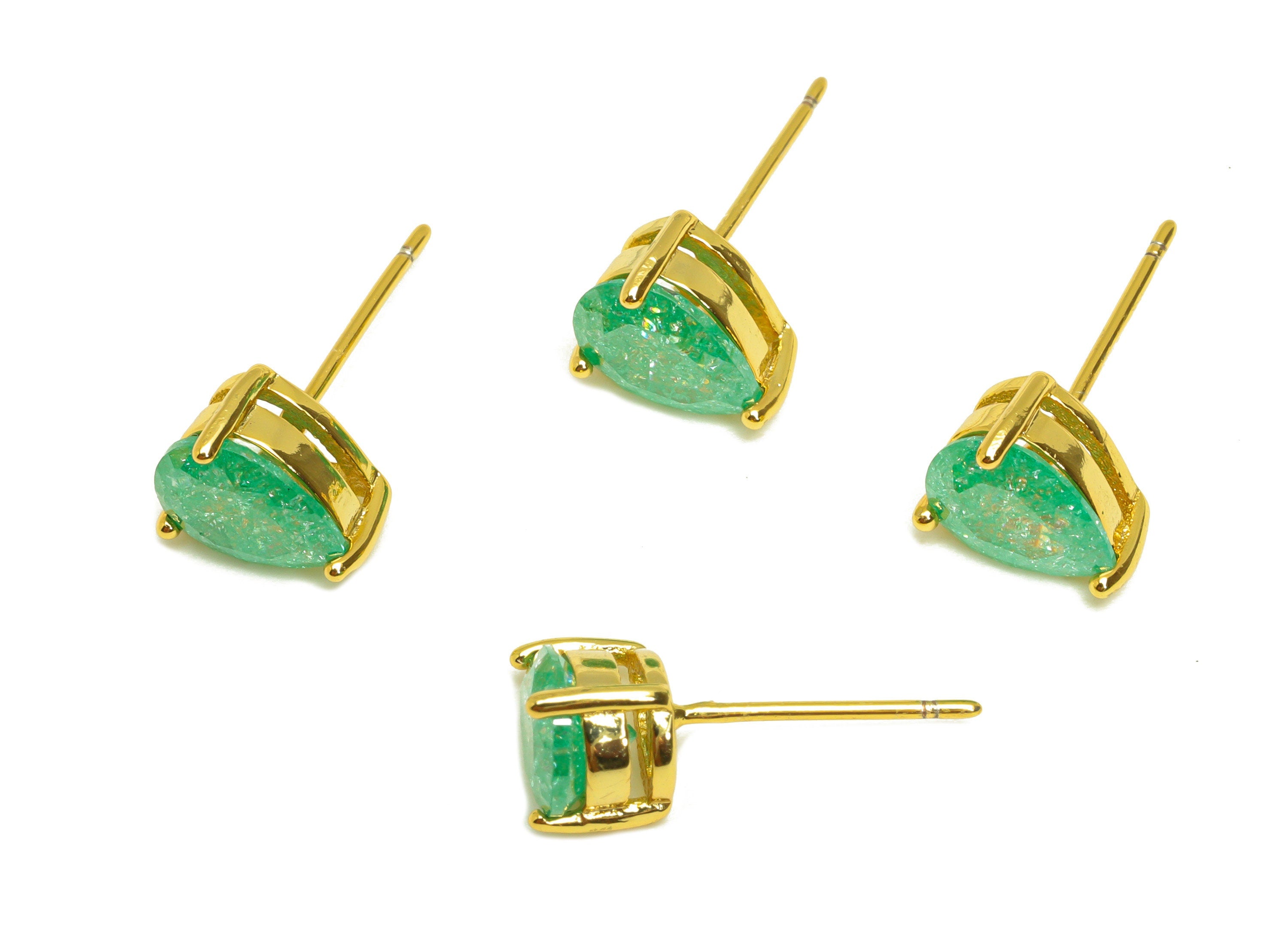 Brass Teardrop CZ Earring Stud - Brass Green Cubic Zircon Earring Post - Drop Earring Post - 18K Real Gold Plating - 17x6x0.7mm -RGP7185C - DOMEDBAZAAR