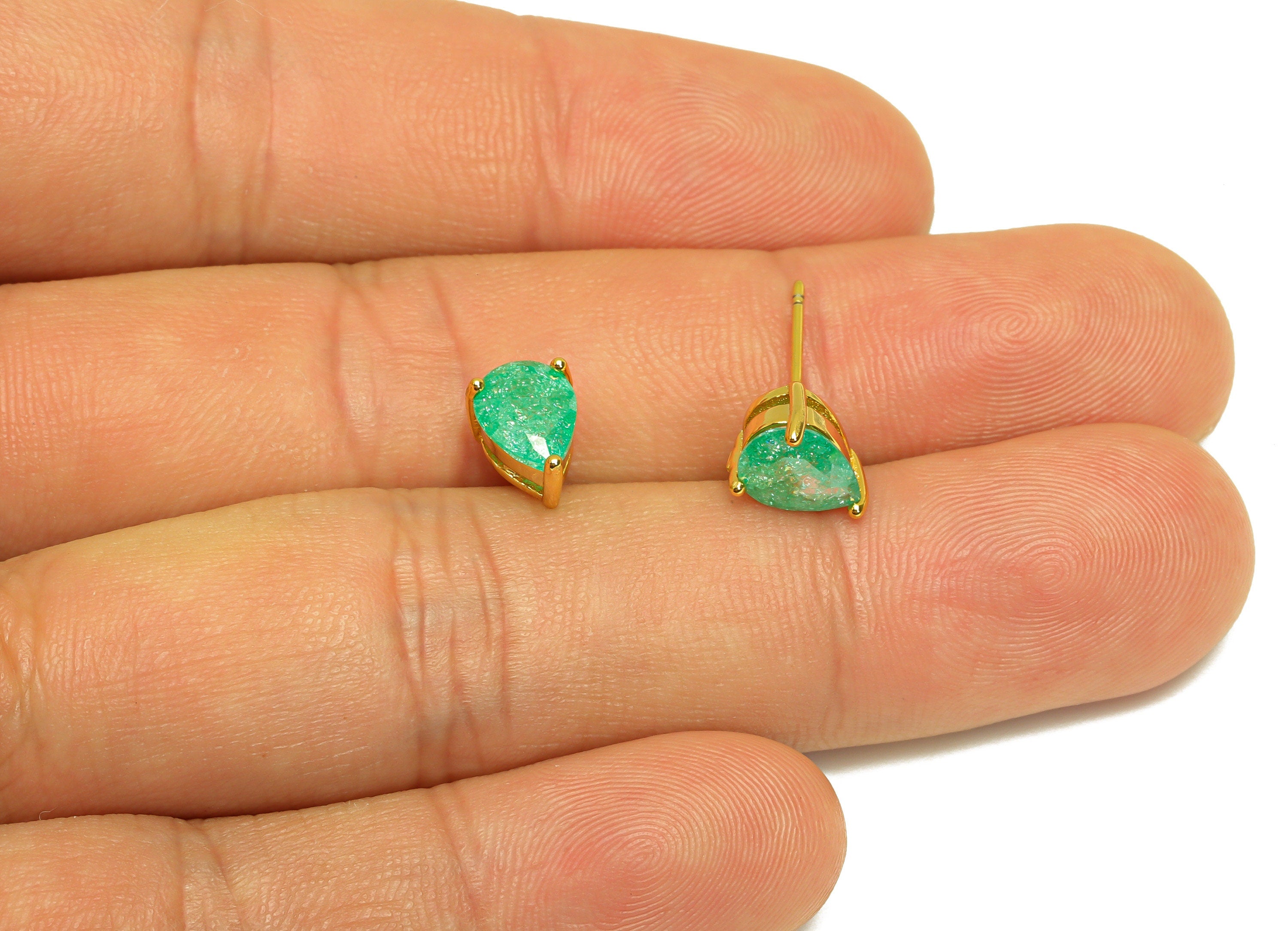 Brass Teardrop CZ Earring Stud - Brass Green Cubic Zircon Earring Post - Drop Earring Post - 18K Real Gold Plating - 17x6x0.7mm -RGP7185C - DOMEDBAZAAR