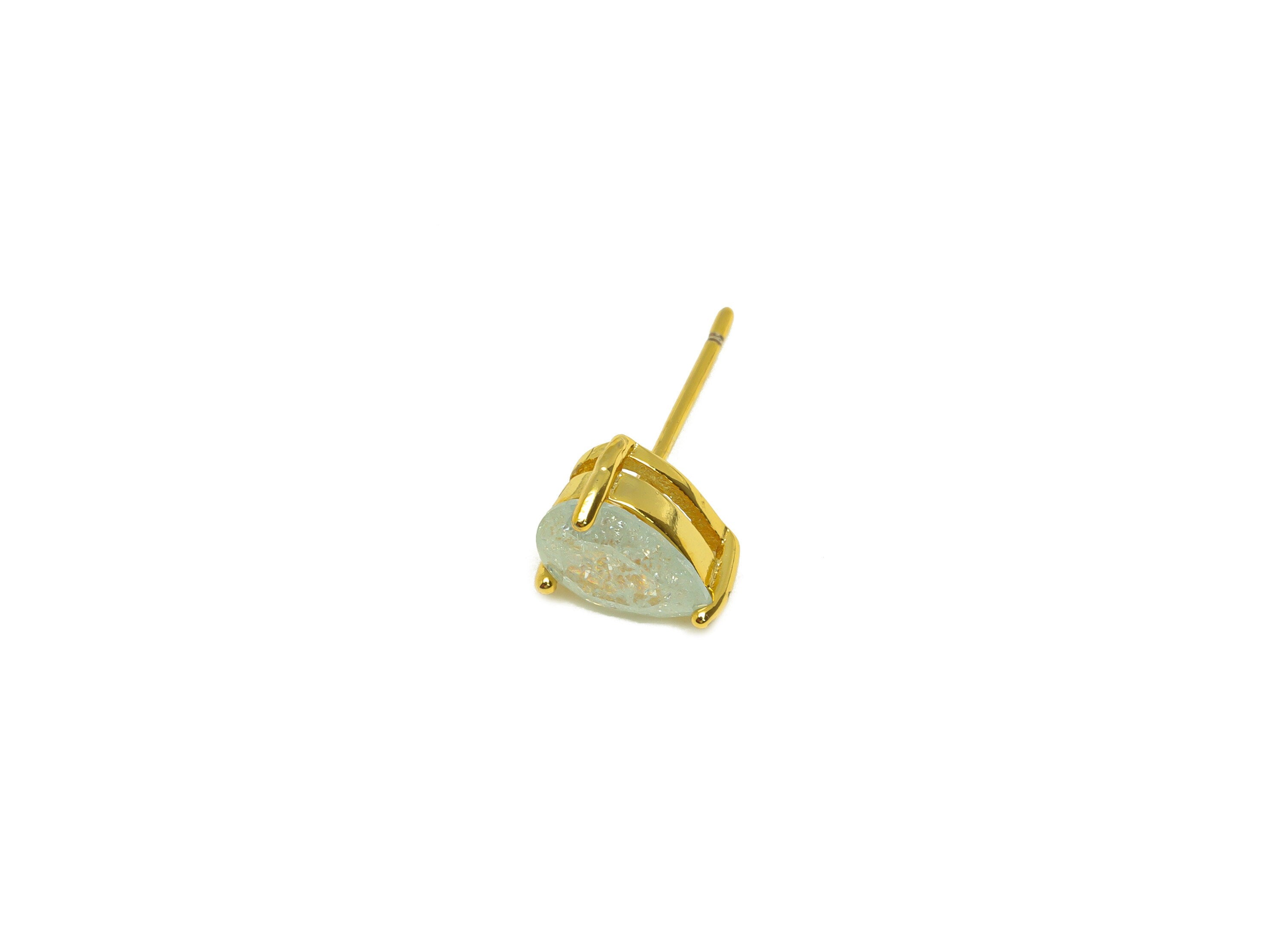 Brass Teardrop CZ Earring Stud - Brass Blue Cubic Zircon Earring Post - Drop Earring Post - 18K Real Gold Plating - 17x6x0.7mm -RGP7185E - DOMEDBAZAAR