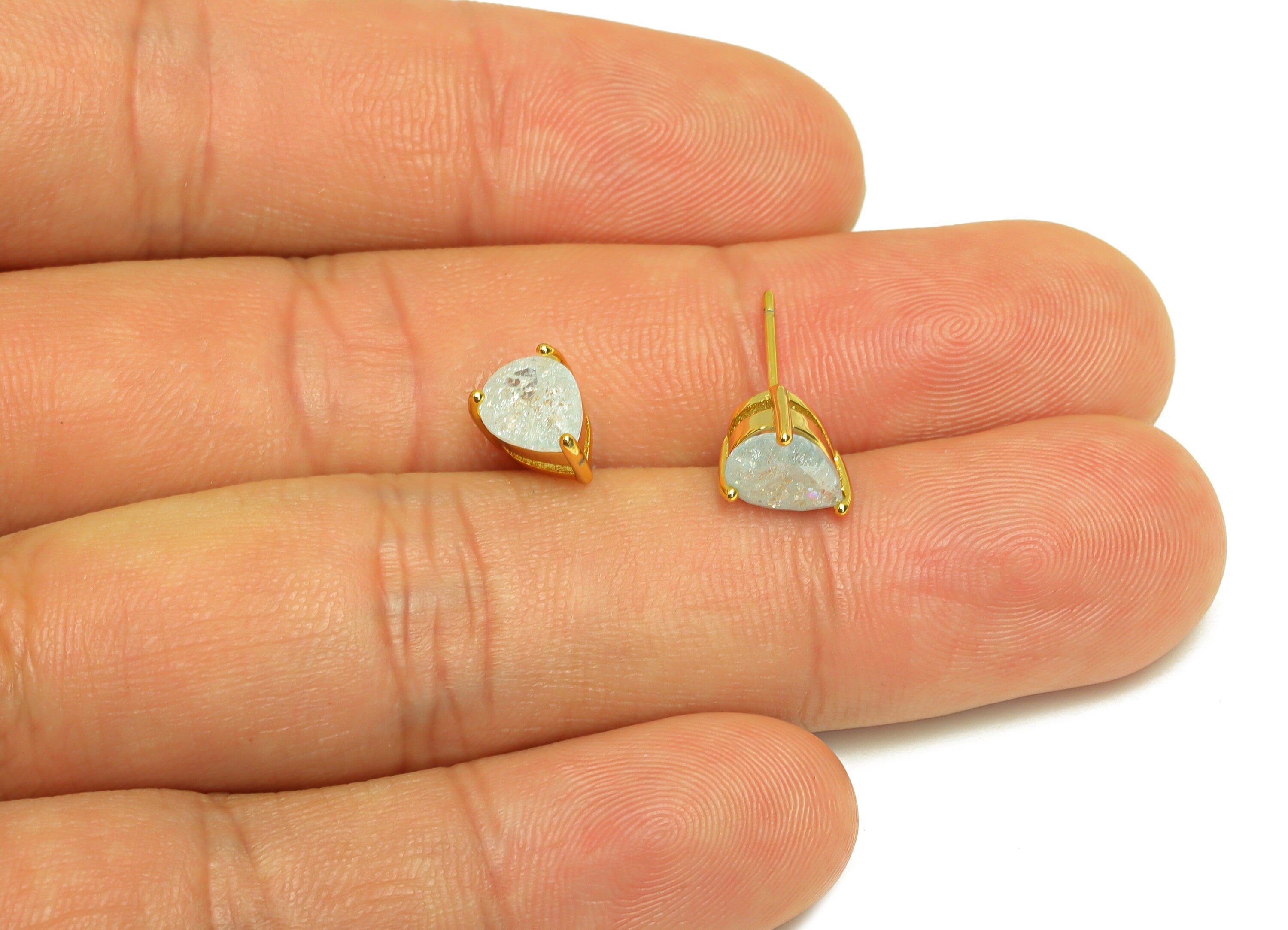 Brass Teardrop CZ Earring Stud - Brass Blue Cubic Zircon Earring Post - Drop Earring Post - 18K Real Gold Plating - 17x6x0.7mm -RGP7185E - DOMEDBAZAAR