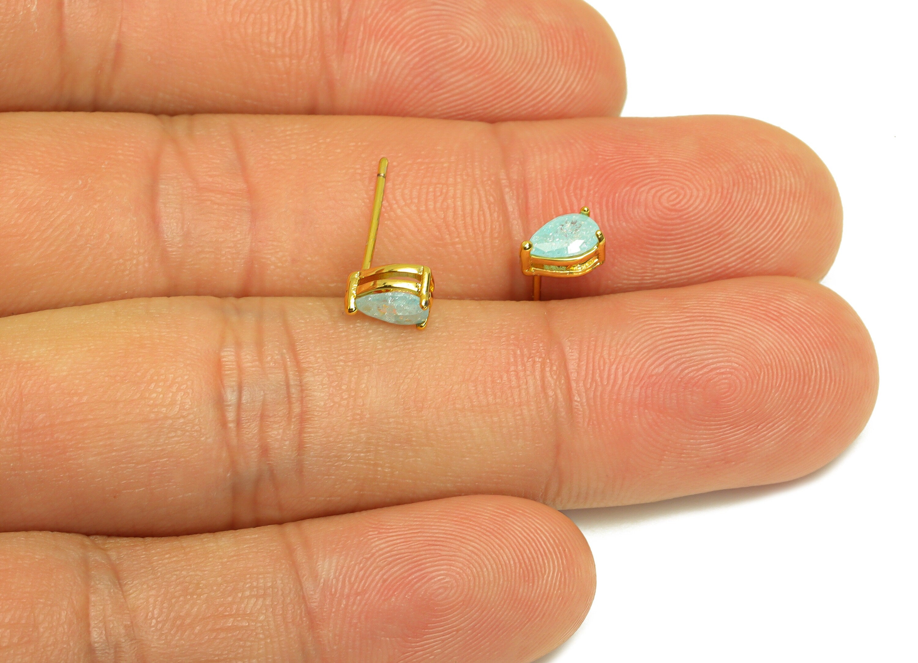 Brass Teardrop CZ Earring Stud - Brass Blue Cubic Zircon Earring Post - Drop Earring Post - 18K Real Gold Plating - 15x4x0.74mm - RGP7186C - DOMEDBAZAAR