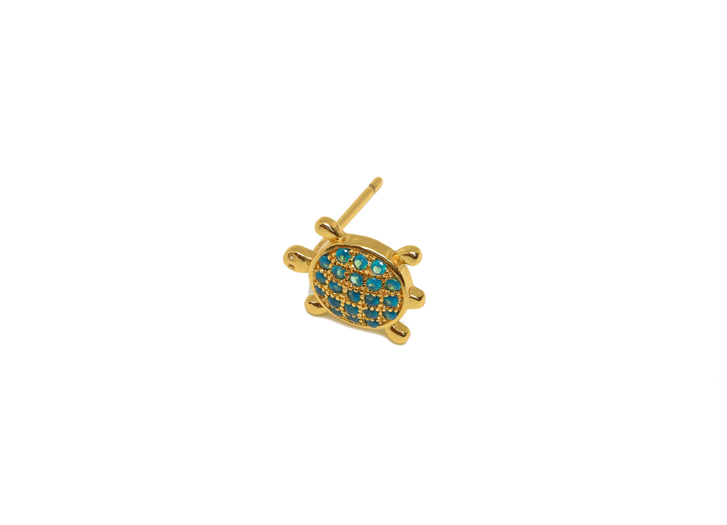 Brass Turtle CZ Earring Stud - Brass Nano Stone Earring Post - Brass Turtle Baby Earring Post - 18K Real Gold Plating - 14x9x0.7mm -RGP7187B - DOMEDBAZAAR