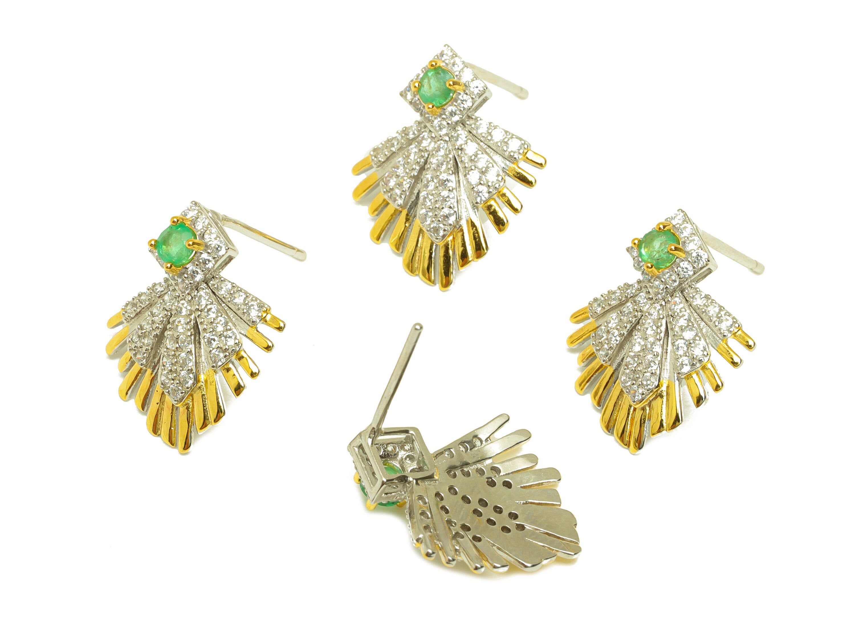 Emerald CZ Earring Stud - Cubic Zircon Earring Post - 925 Silver Geometry Earring Post - 18K Real Gold Plating Silver - 17x15x0.78mm-RGP7196 - DOMEDBAZAAR