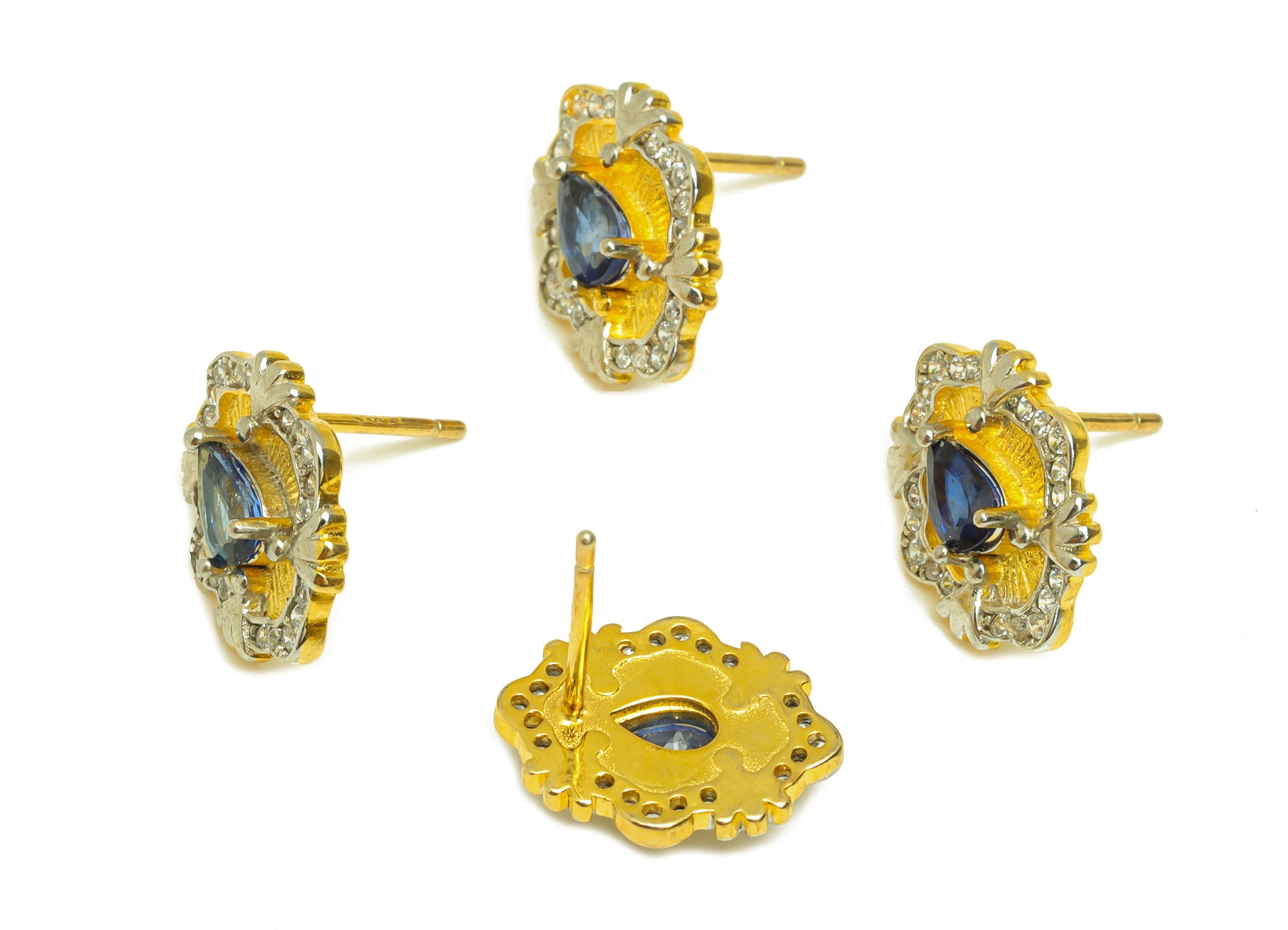 Sapphire Earring Stud - Sapphire Teardrop Earring Post - 925 Silver Vintage Earring Post - 18K Real Gold Plating Silver - 13x10x1mm -RGP7192 - DOMEDBAZAAR