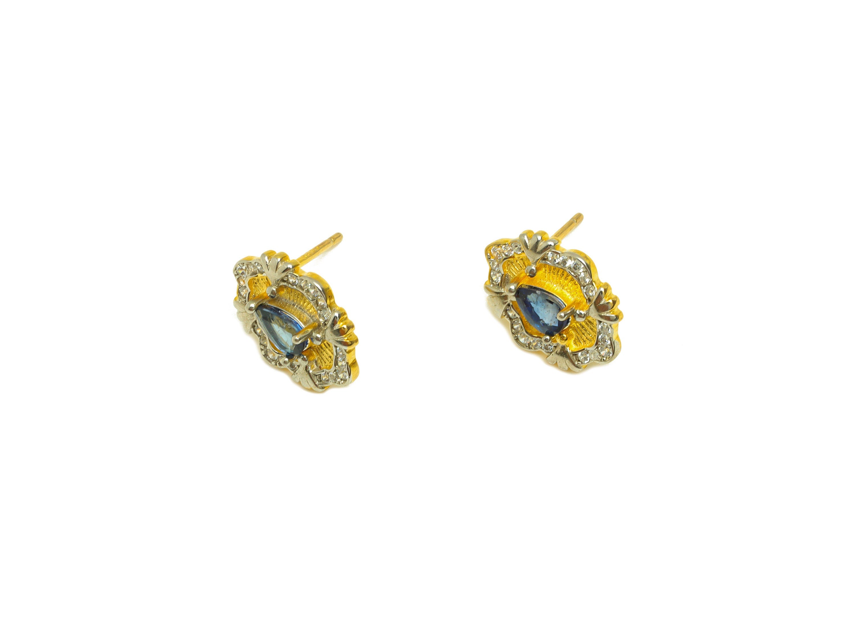 Sapphire Earring Stud - Sapphire Teardrop Earring Post - 925 Silver Vintage Earring Post - 18K Real Gold Plating Silver - 13x10x1mm -RGP7192 - DOMEDBAZAAR