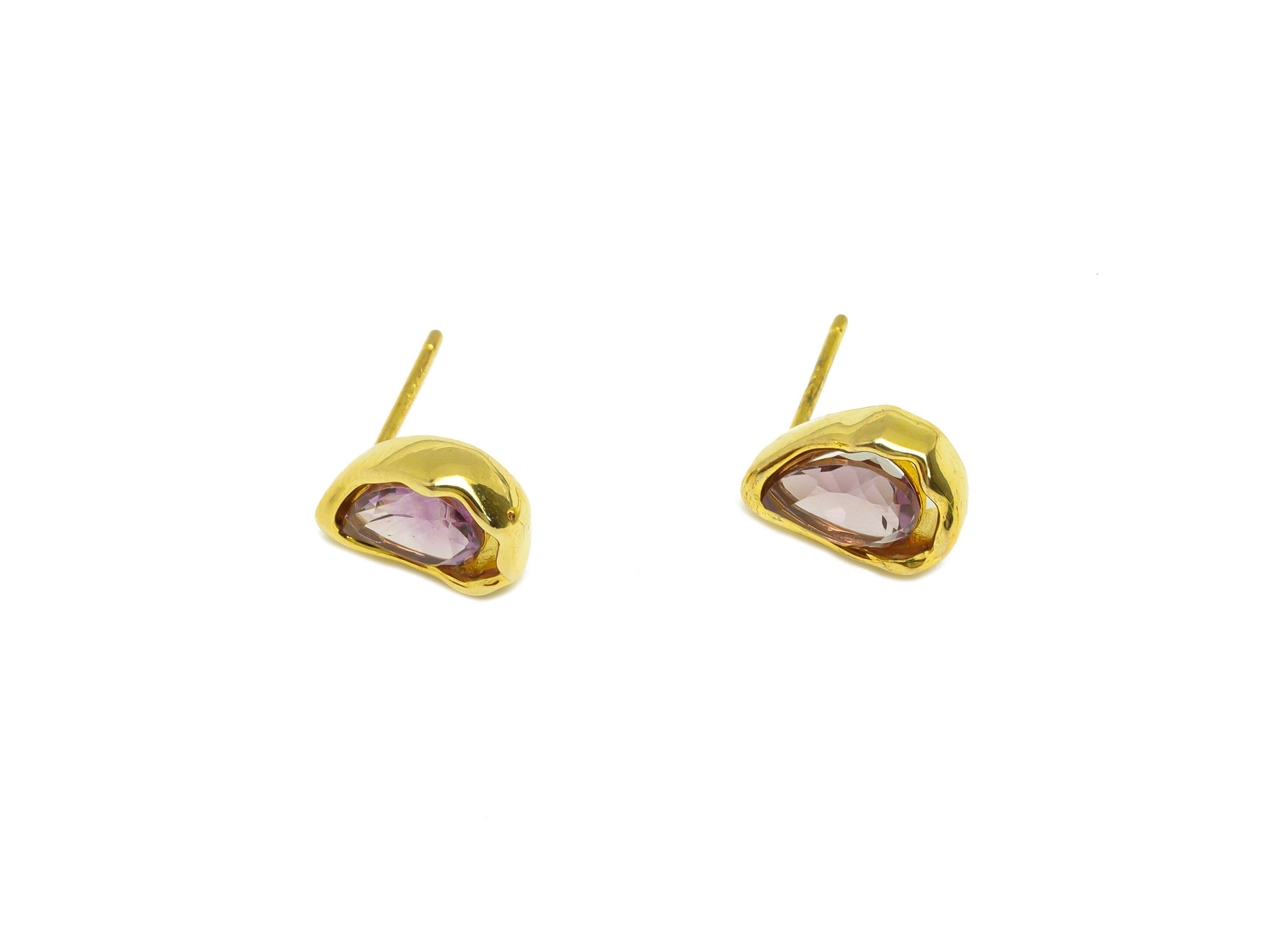 Amethyst Earring Stud - Amethyst Teardrop Earring Post - 925 Silver Geometry Earring Post - 18K Real Gold Plating Silver - 11x9x1mm -RGP7197 - DOMEDBAZAAR