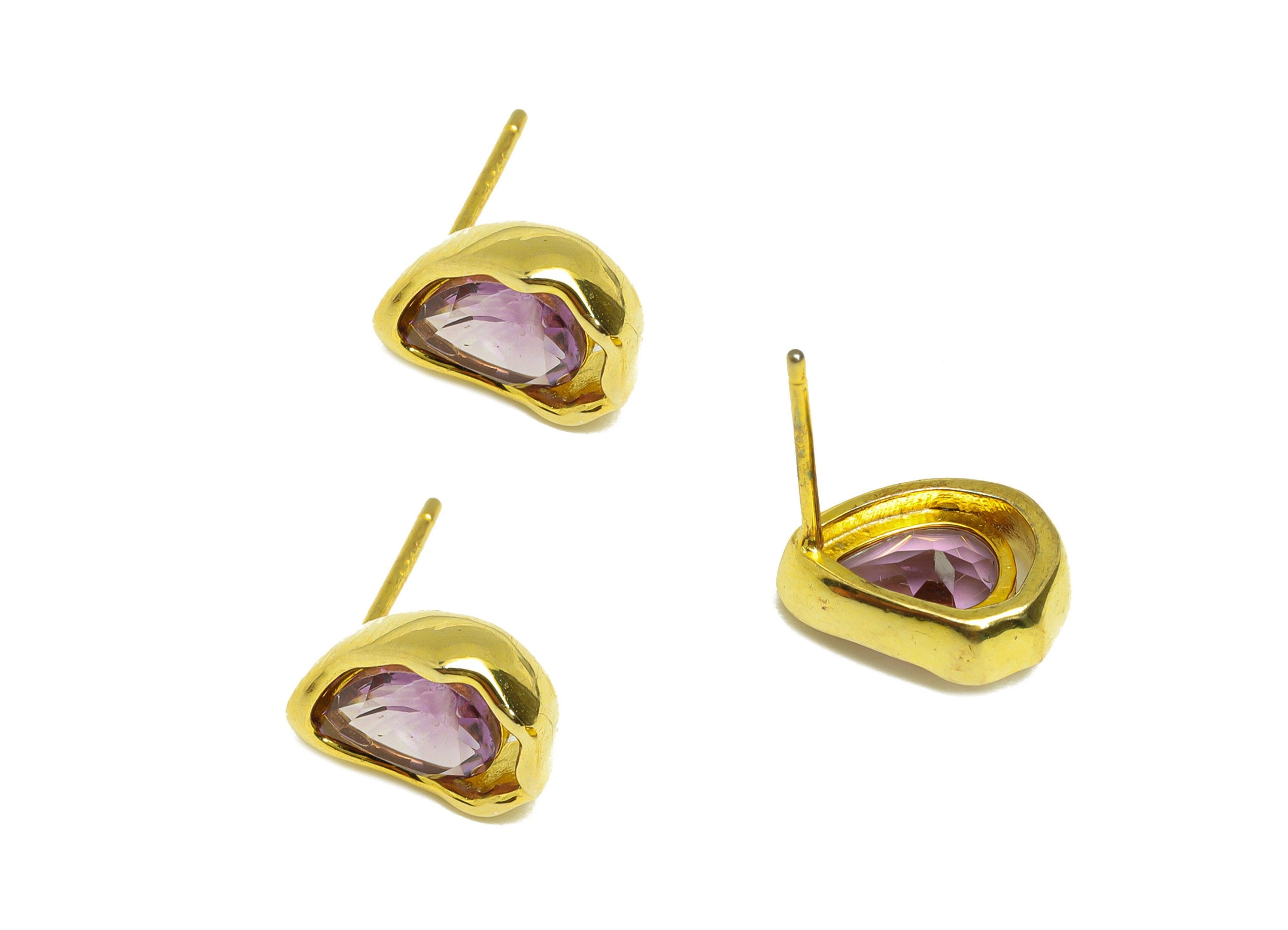 Amethyst Earring Stud - Amethyst Teardrop Earring Post - 925 Silver Geometry Earring Post - 18K Real Gold Plating Silver - 11x9x1mm -RGP7197 - DOMEDBAZAAR