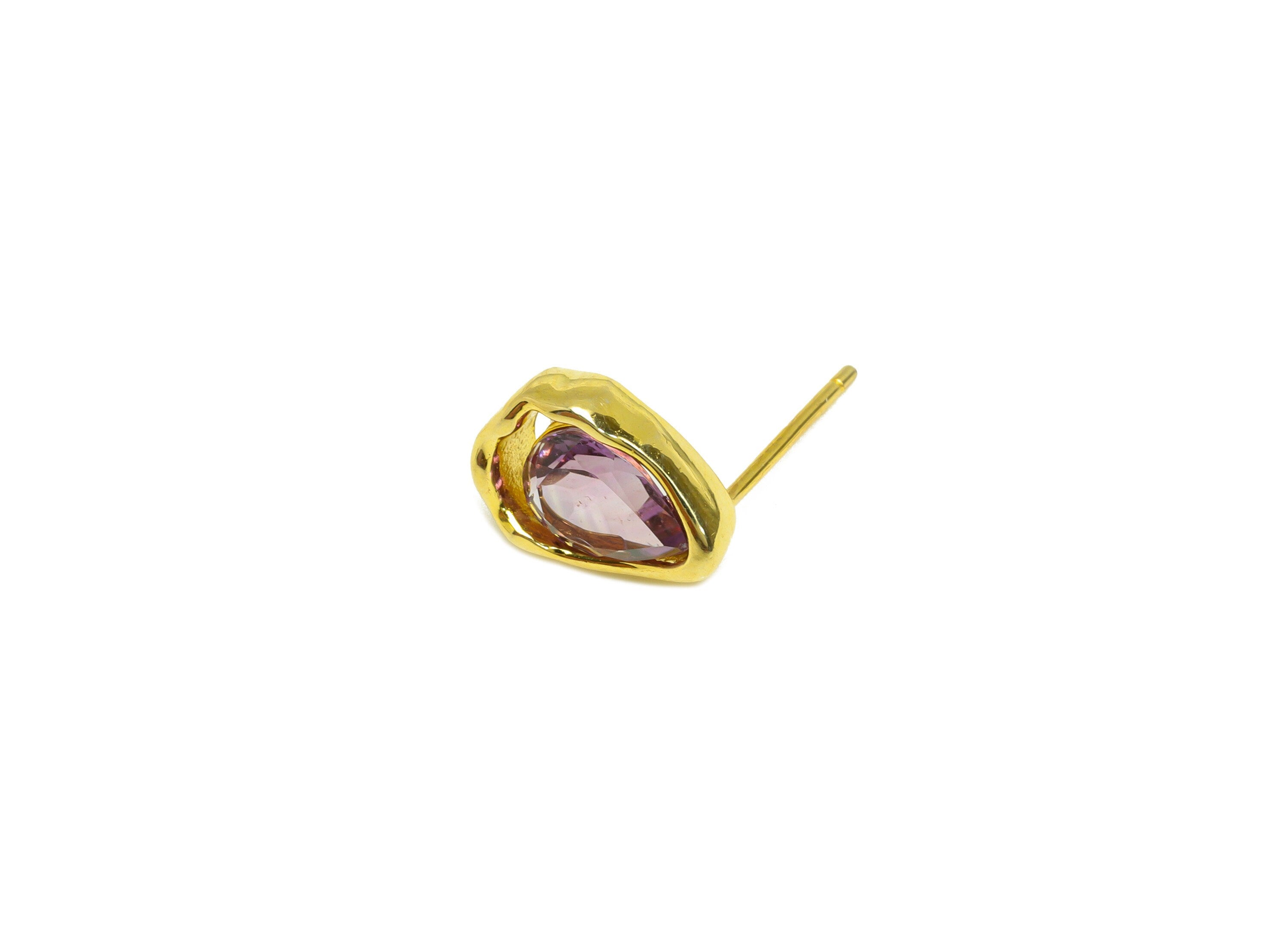 Amethyst Earring Stud - Amethyst Teardrop Earring Post - 925 Silver Geometry Earring Post - 18K Real Gold Plating Silver - 11x9x1mm -RGP7197 - DOMEDBAZAAR
