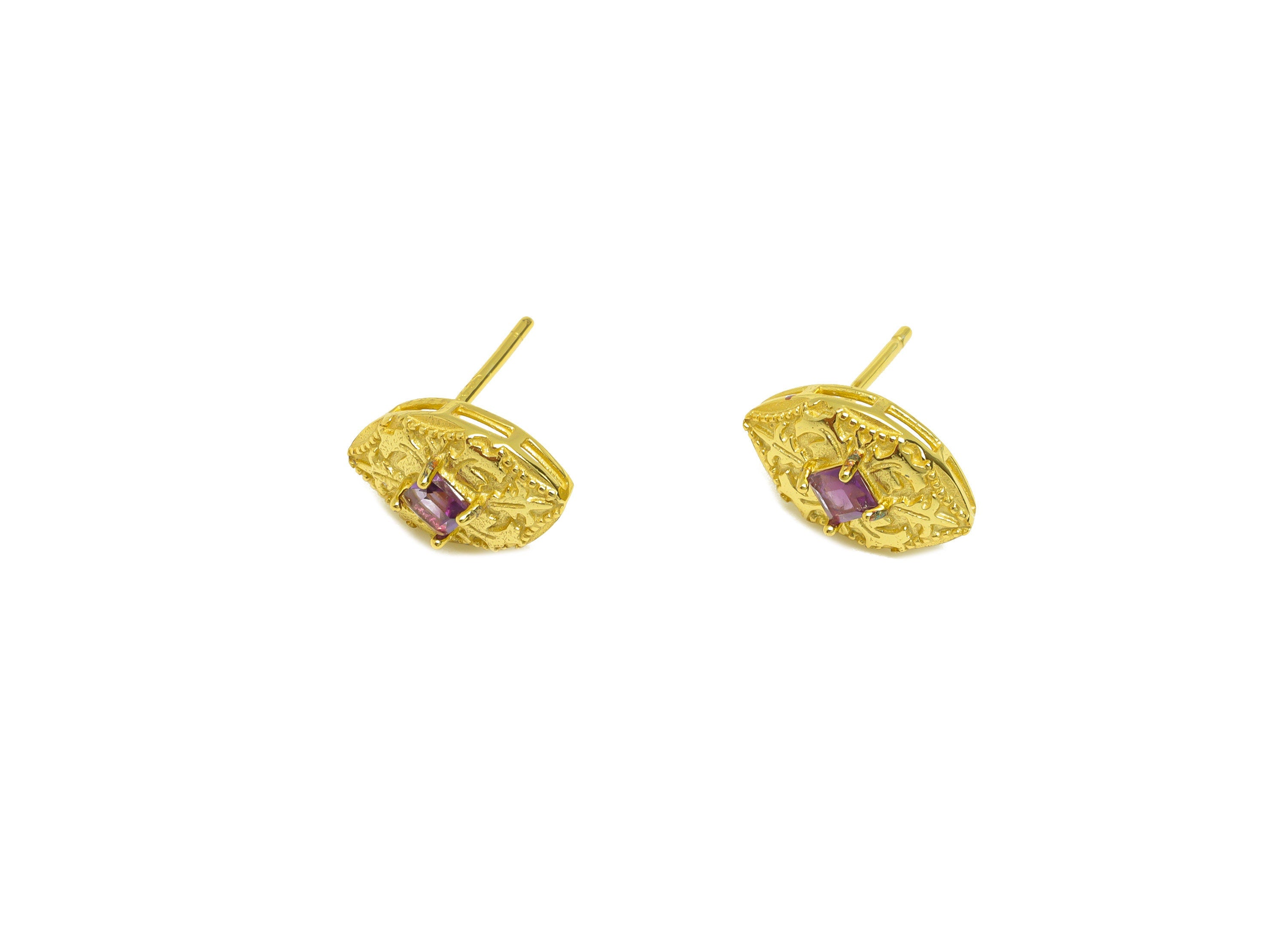 Amethyst Earring Stud - Textured Marquise Earring Post - 925 Silver Vintage Earring Post - 18K Real Gold Plating Silver - 12x8x1mm - RGP7198 - DOMEDBAZAAR