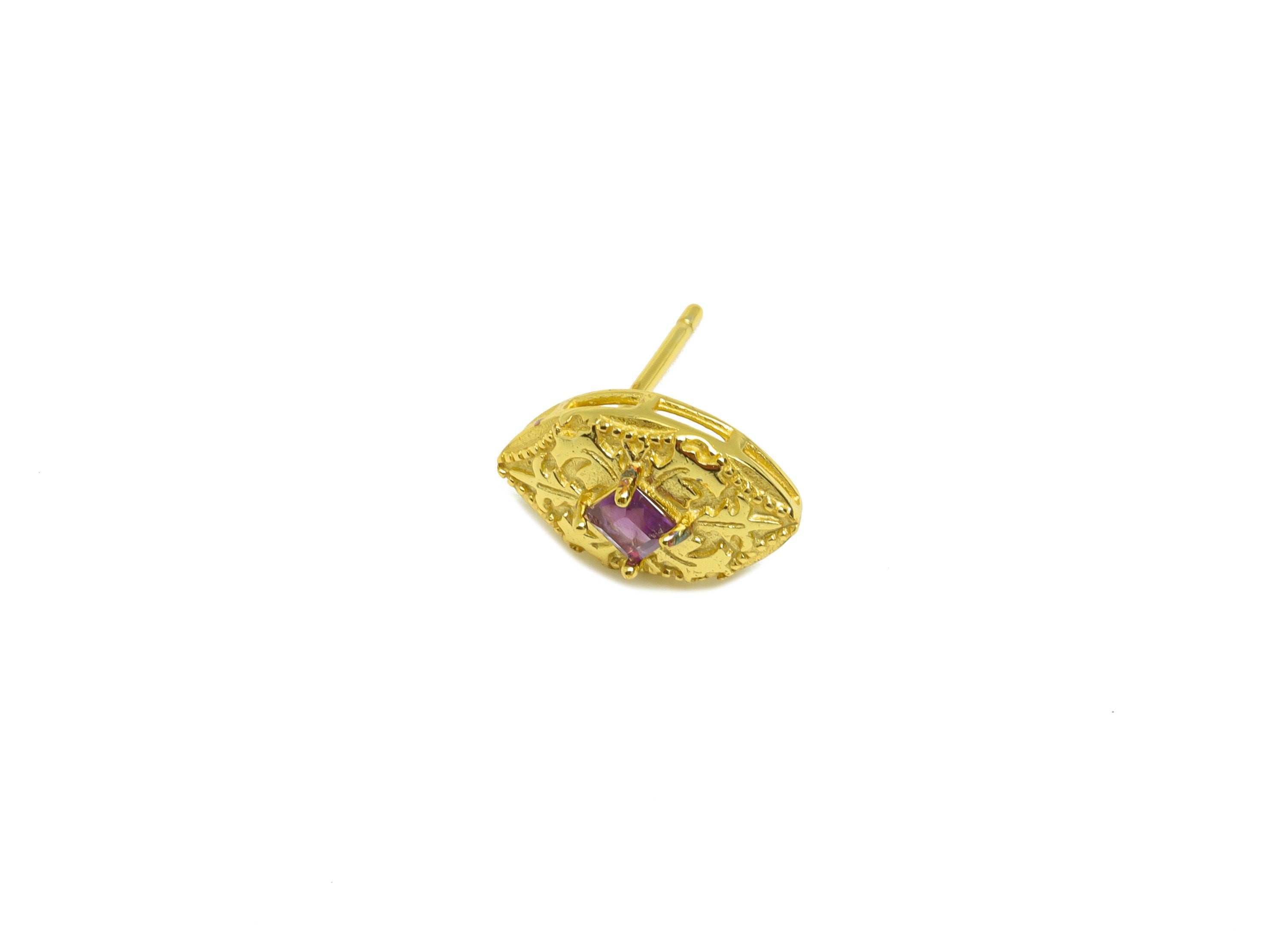 Amethyst Earring Stud - Textured Marquise Earring Post - 925 Silver Vintage Earring Post - 18K Real Gold Plating Silver - 12x8x1mm - RGP7198 - DOMEDBAZAAR