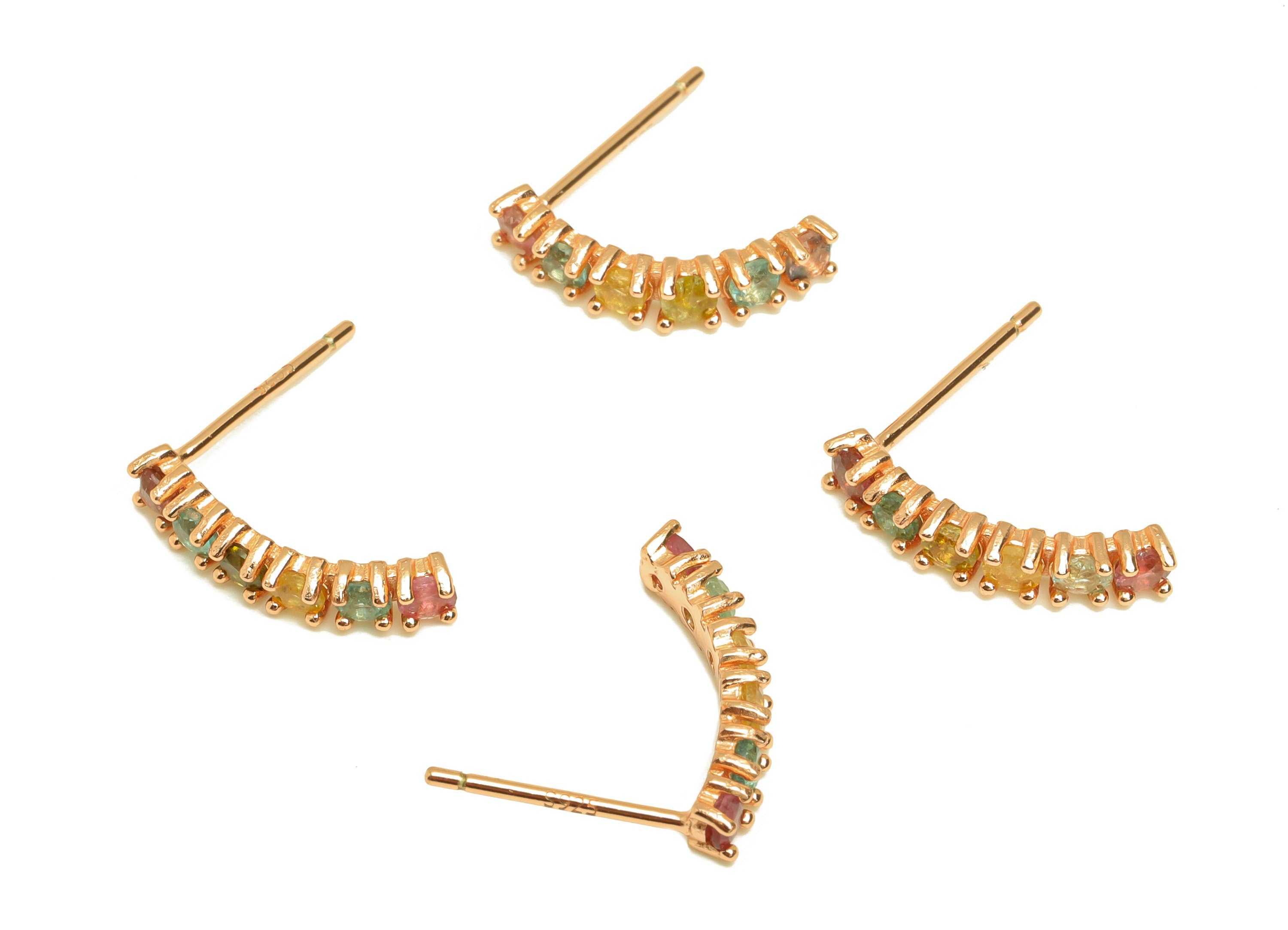 Tourmaline Earring Stud - Bent Bar Rainbow Earring Post - Silver Stick Earring Post - 18K Real Rose Gold Plating Silver - 15x3x1mm - RGP7188 - DOMEDBAZAAR