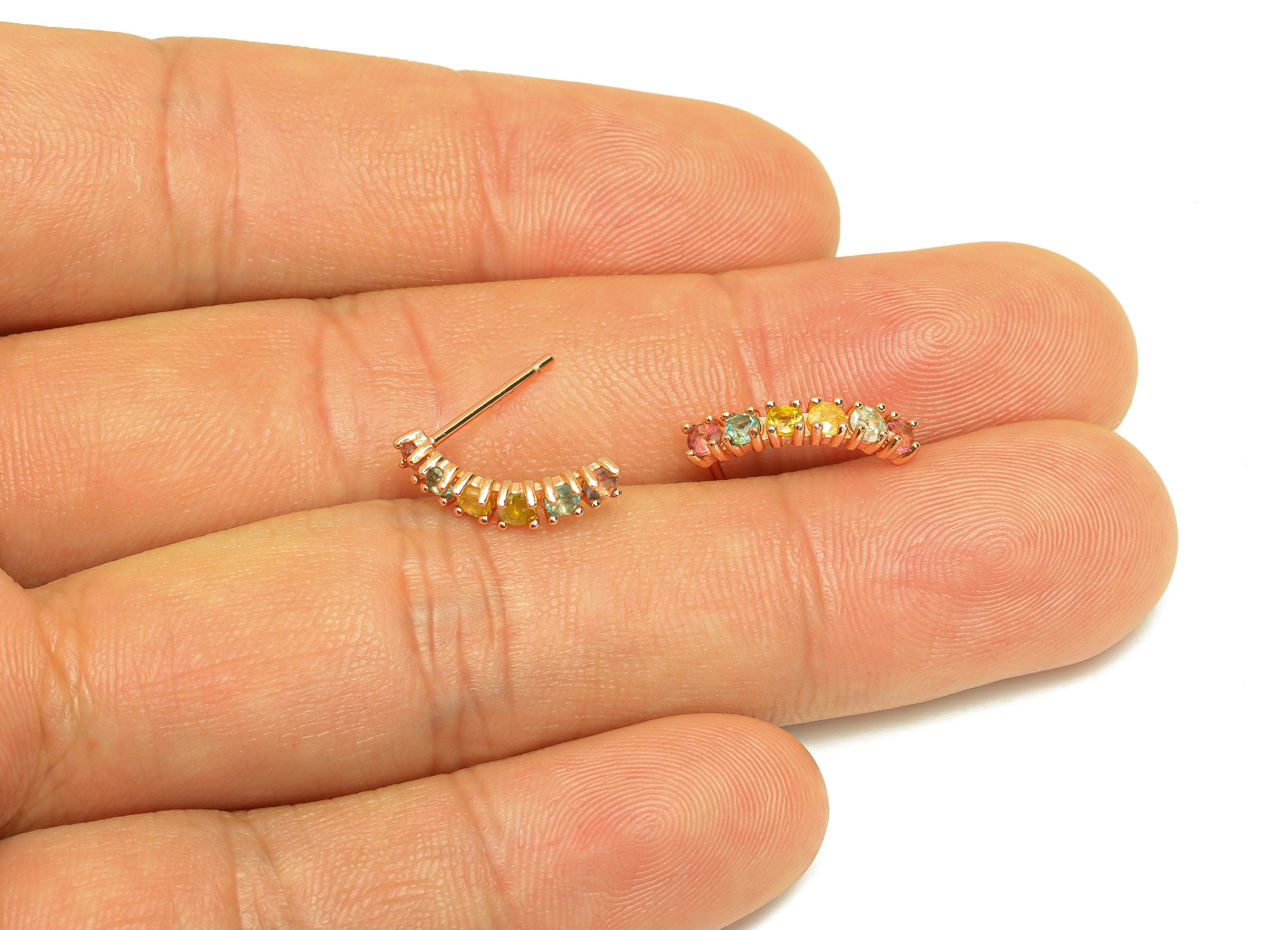 Tourmaline Earring Stud - Bent Bar Rainbow Earring Post - Silver Stick Earring Post - 18K Real Rose Gold Plating Silver - 15x3x1mm - RGP7188 - DOMEDBAZAAR