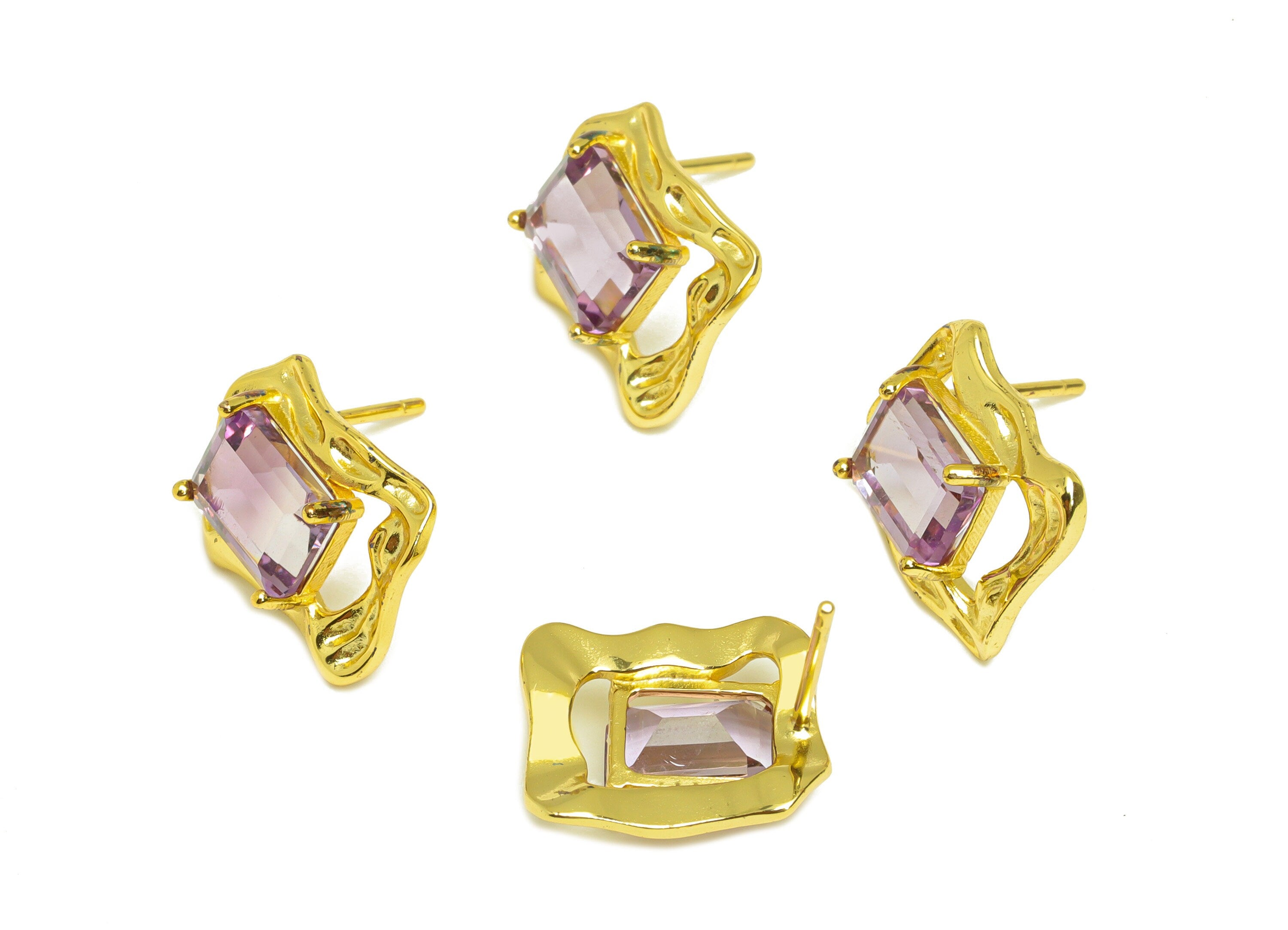 Amethyst Earring Stud - Rectangle Earring Post - 925 Silver Frame Vintage Earring Post - 18K Real Gold Plating Silver - 13x11x1mm - RGP7201 - DOMEDBAZAAR