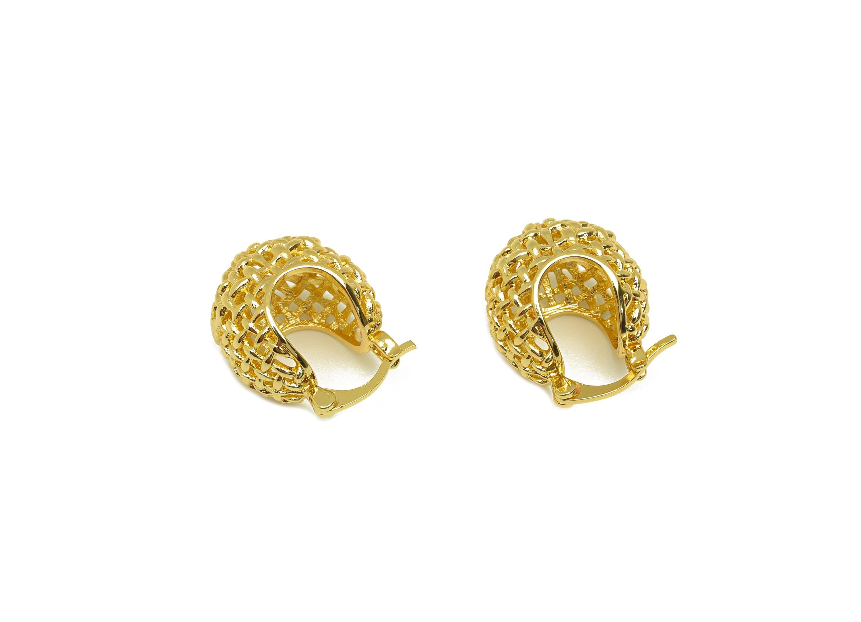 Brass Mesh Hoop Earring - Brass Basket Mesh Back Earring - Wire Hinged Back Hoop Earring - 18K Real Gold Plating - 17x16x14.47mm - RGP7756 - DOMEDBAZAAR