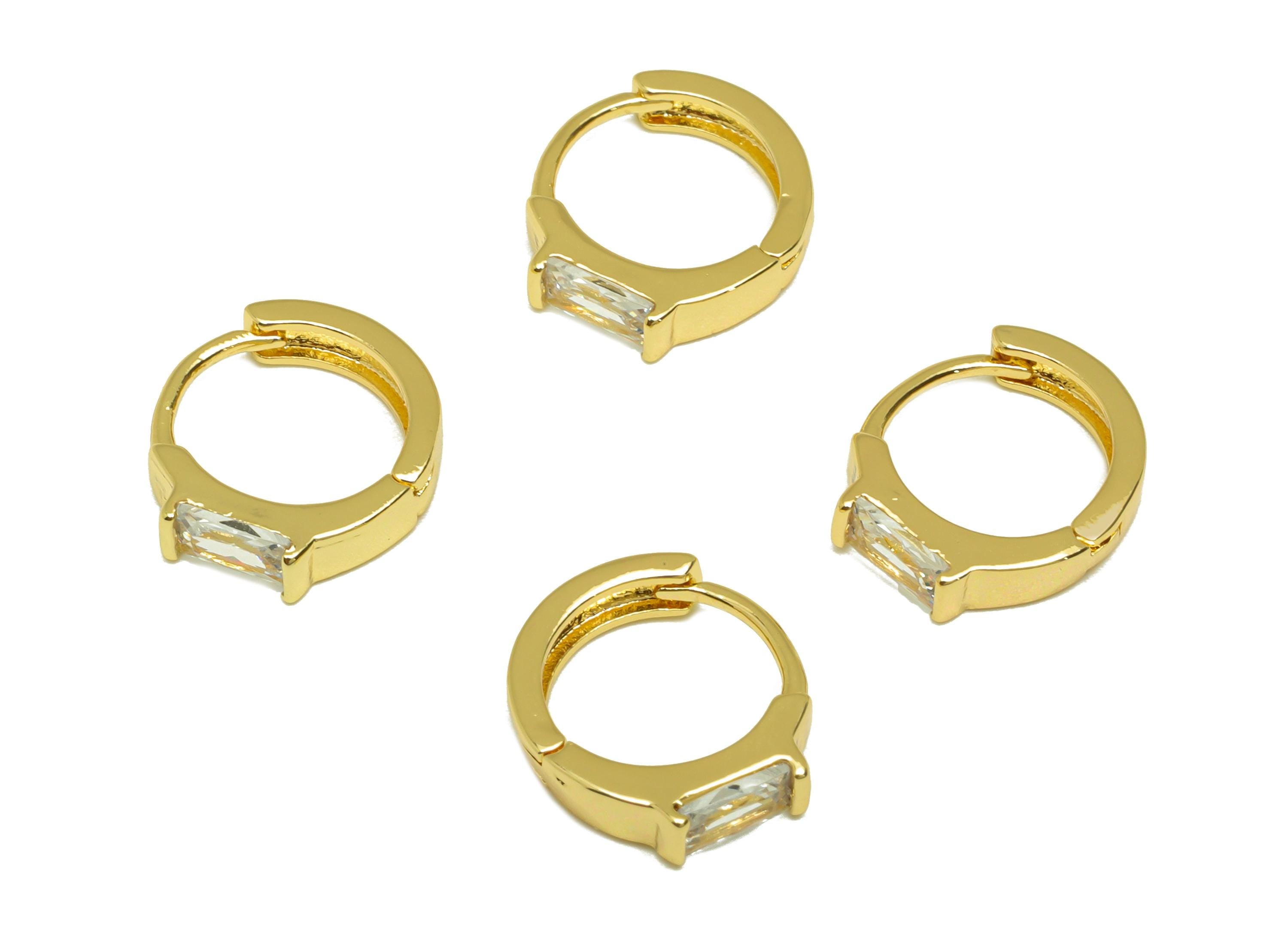 Brass Rectangle CZ Hoop Earring - Brass Huggie Hoop Earring - Cubic Zircon Clasp Earring - 18K Real Gold Plating - 13x11x2mm - RGP7790 - DOMEDBAZAAR