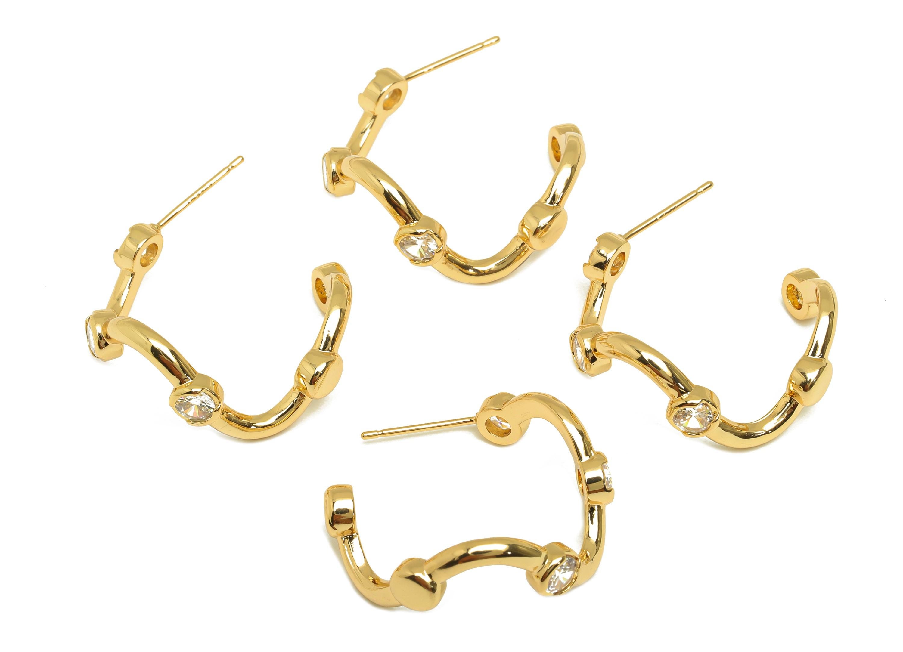 Brass C Wave Earring Post - Gold Zircon Wave Earring Stud - CZ Open Round Earring Post - 18K Real Gold Plating - 26.15x26x3.22mm - RGP7624 - DOMEDBAZAAR