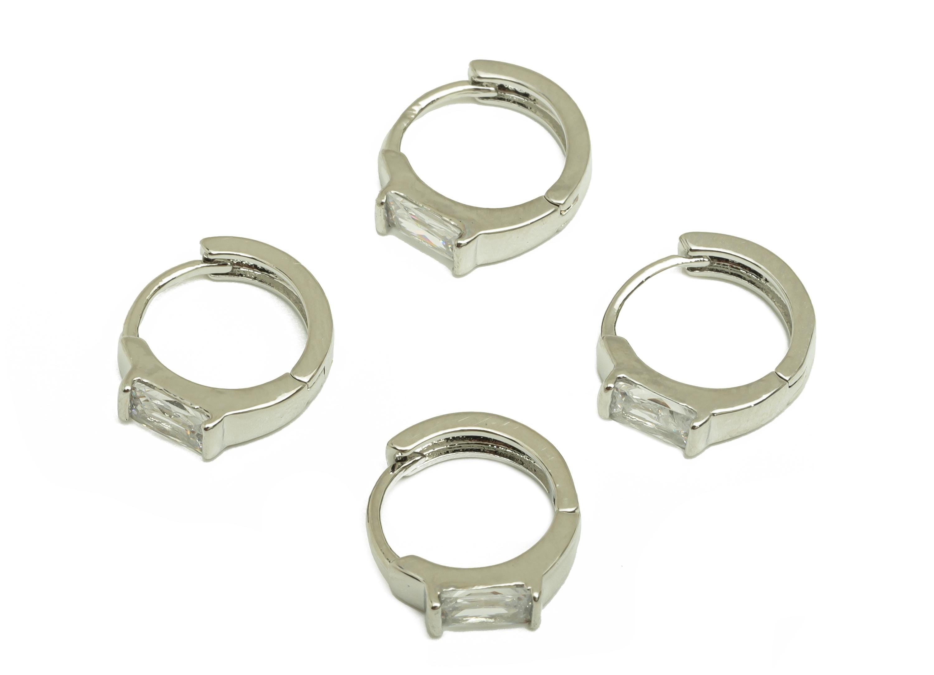 Brass Rectangle CZ Hoop Earring - Brass Huggie Hoop Earring - Cubic Zircon Clasp Earring - 18K Real White Gold Plating - 13x11x2mm - RGP7779 - DOMEDBAZAAR