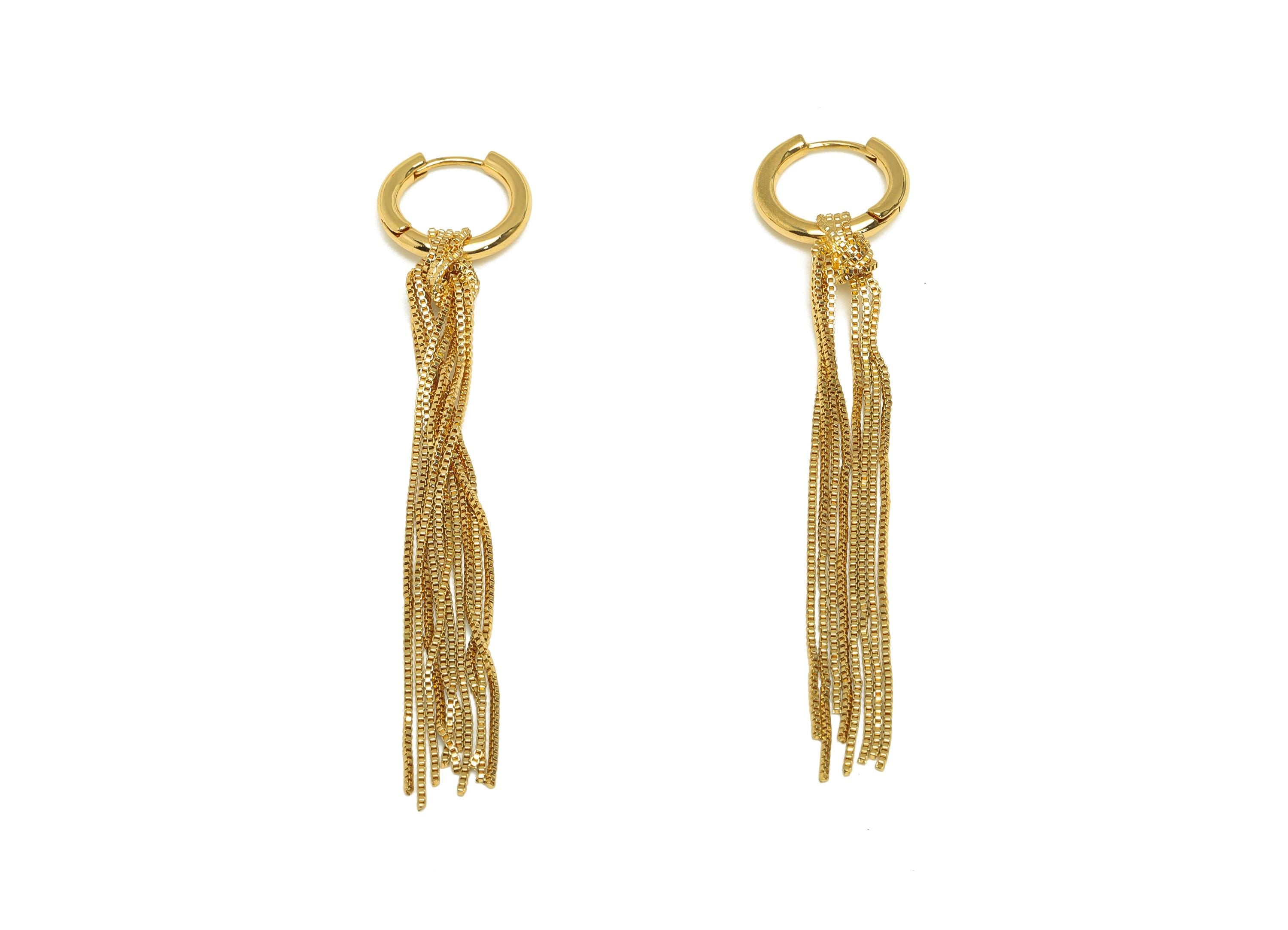 Tassel Huggie Hoop Earring - Brass Round Long Tassel Chain Earring - Gold Chian Tassel Earring - 18K Real Gold Plated -79x17x2.9mm - RGP7627 - DOMEDBAZAAR